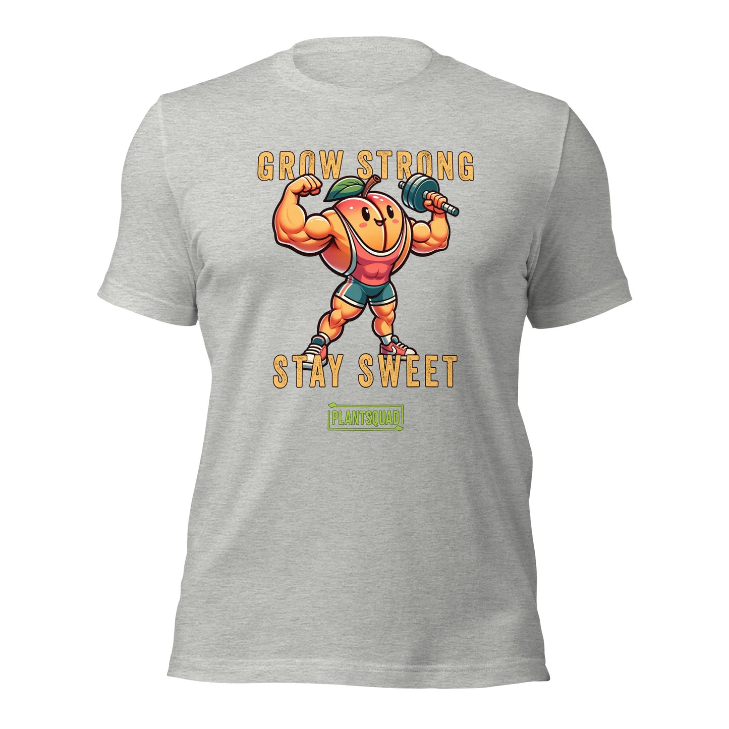 The Plantsquad Peach "Grow Strong Stay Sweet" - Unisex T-Shirt features an illustration of a muscular, anthropomorphic peach wearing a headband, wristbands, and shorts, lifting a barbell. The text above reads "GROW STRONG" and below reads "STAY SWEET" with a "PLANTSQUAD" logo at the bottom. Perfect for those embracing a plant-based lifestyle and fitness apparel.