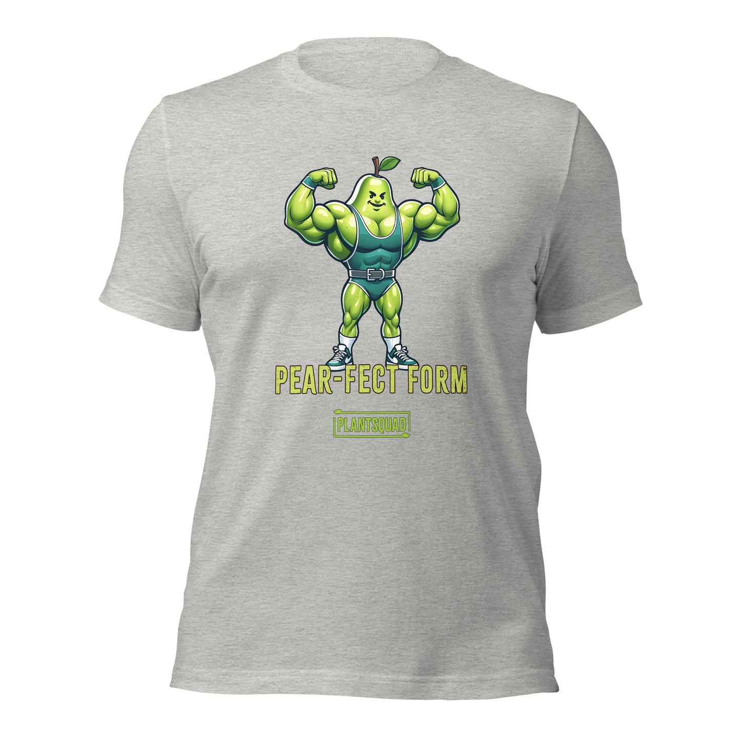 A Plantsquad Pear "Pear-fect Form" - Unisex T-Shirt featuring an illustration of a muscular, flexing pear with a green leaf on top, wearing gym clothes and sneakers. Crafted from breathable fabric, it’s perfect for fitness enthusiasts. Below the image are the words "PEAR-FECT FORM" and "PLANT SQUAD" in yellow and green text.