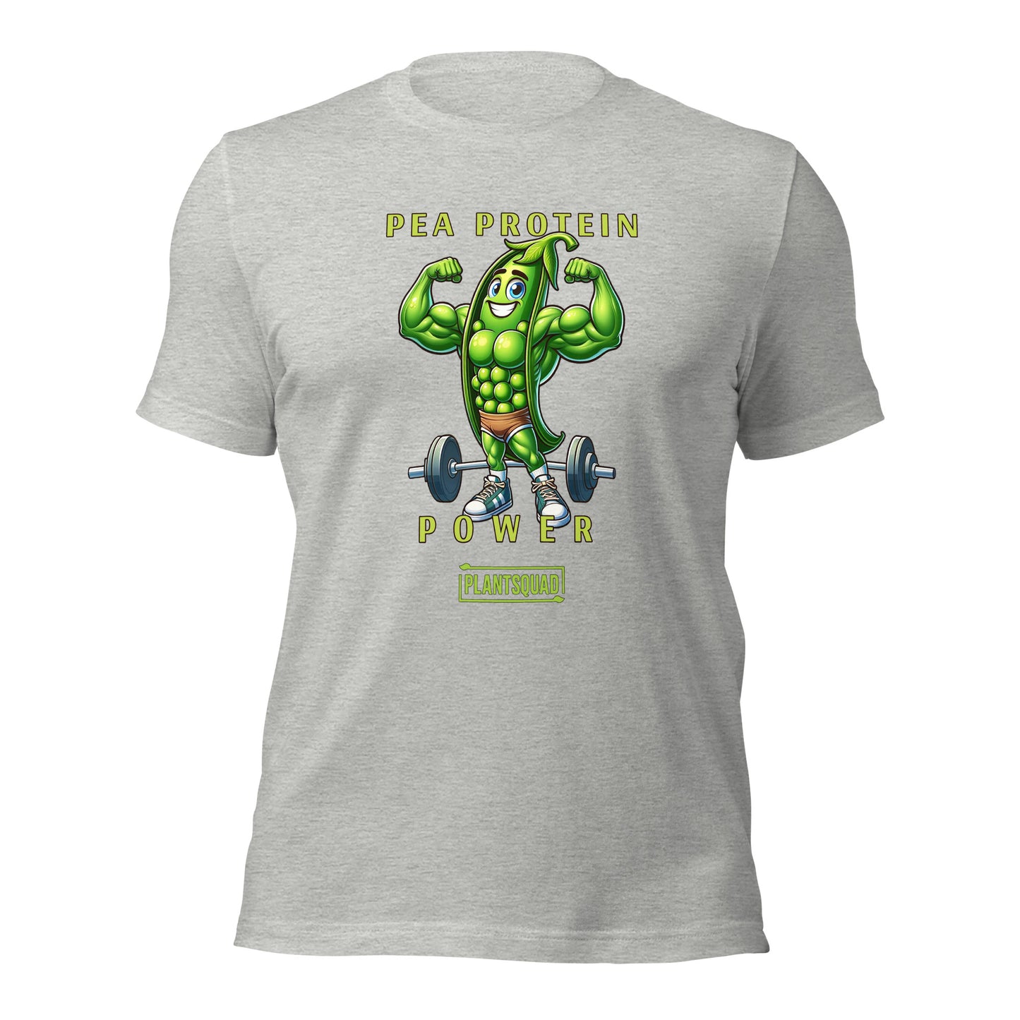 A Plantsquad Peas "Pea Protein Power" - Unisex T-Shirt featuring a cartoon image of a muscular pea pod lifting a barbell. The text above the image reads "PEA PROTEIN" and "POWER," and below it, "PLANTSQUAD." This tee captures the essence of vegan fitness and celebrates strength through a plant-based lifestyle.