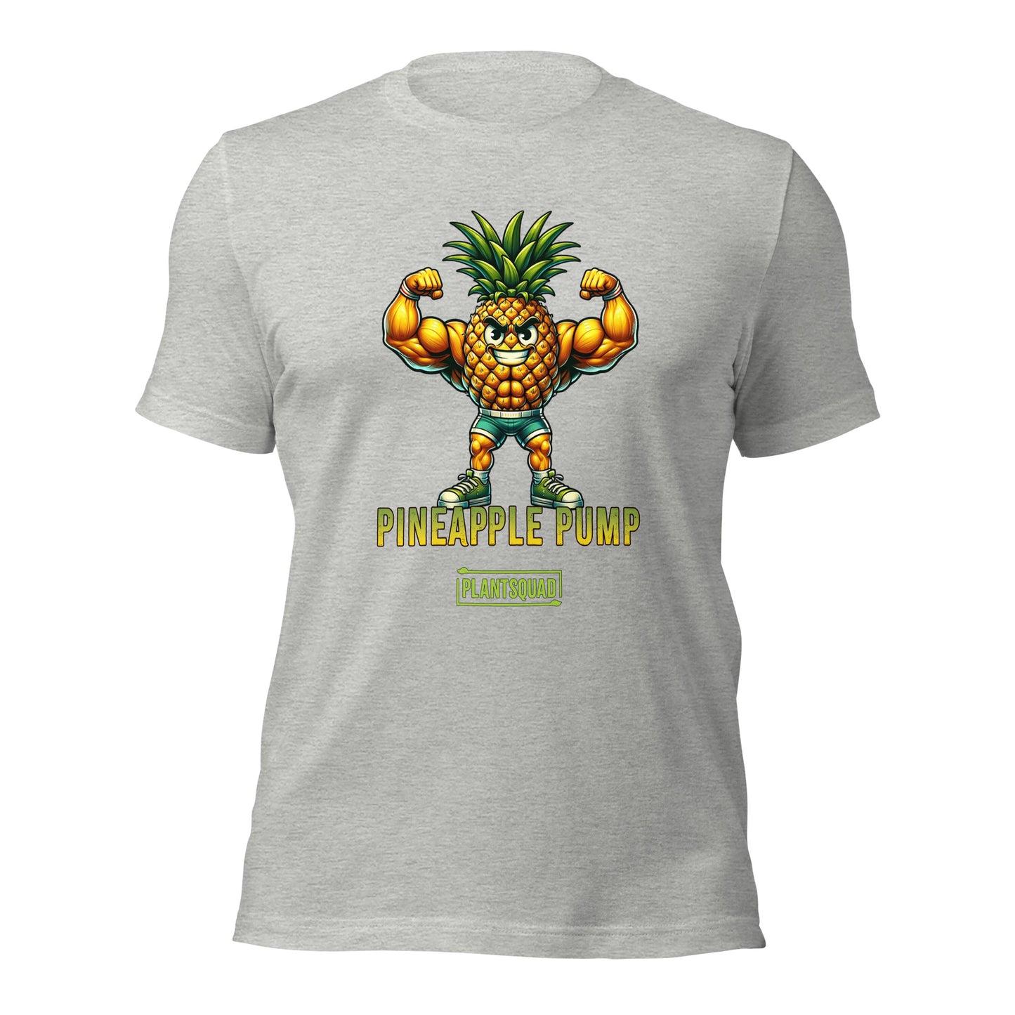 A black Plantsquad Pineapple "Pineapple Pump" - Unisex T-Shirt featuring an illustration of a muscular pineapple character flexing its biceps. Perfect for fitness enthusiasts, the text "Pineapple Pump" is written below, along with a yellow rectangular logo that says "Plantsquad," promoting a fun vegan lifestyle.