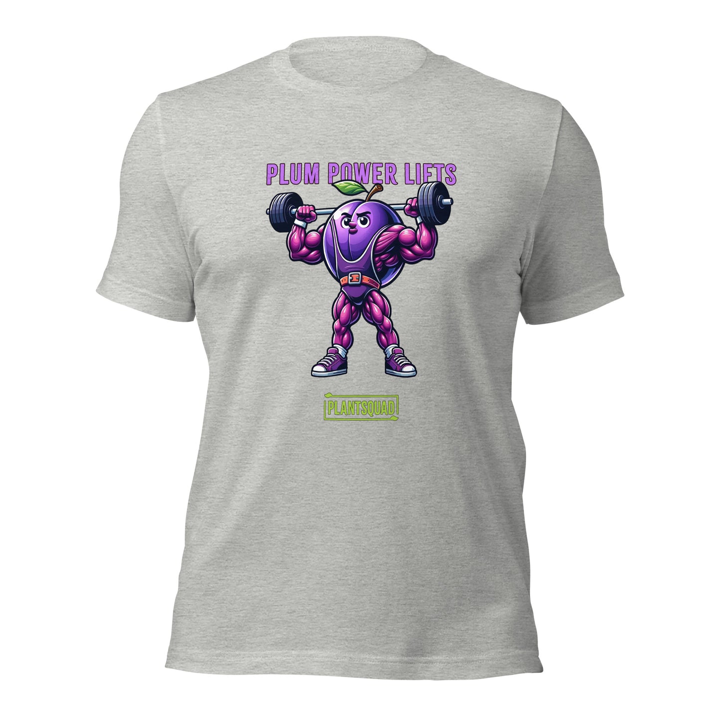 Plantsquad Plum "Plum Power Lifts" - Unisex T-Shirt featuring a cartoon plum with muscular arms and legs lifting a barbell. The text above the image reads "Plum Power Lifts" and below it, there's a logo with "PLANTSQUAD." Perfect for fitness enthusiasts embracing a vegan lifestyle, the plum character is depicted in a vibrant, exaggerated style.