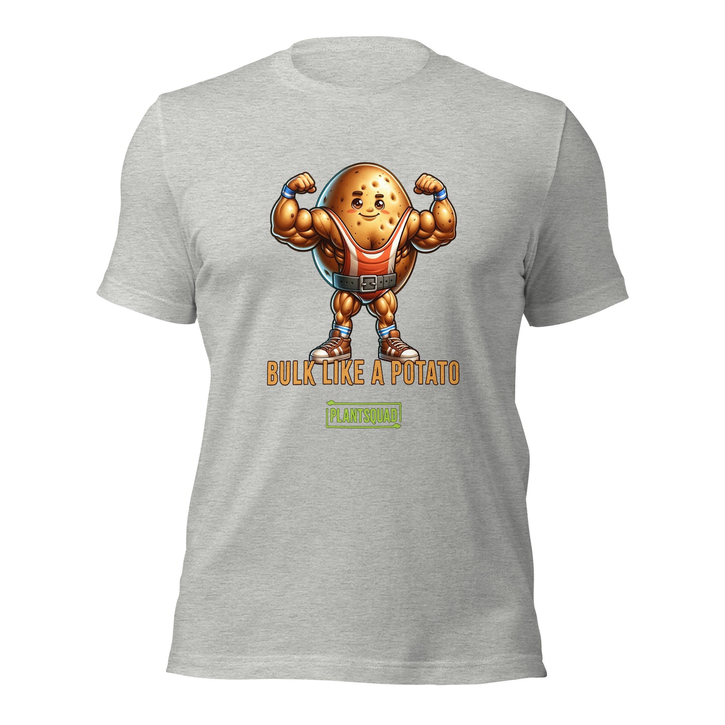 A black Plantsquad Potato "Bulk Like A Potato" - Unisex T-Shirt featuring a cartoon image of a muscular potato flexing its arms with a determined expression. Below the weight-lifting potato, the text reads "BULK LIKE A POTATO" in bold letters. The word "PLANTSQUAD" is also displayed towards the bottom in a green box, promoting a vegan lifestyle.