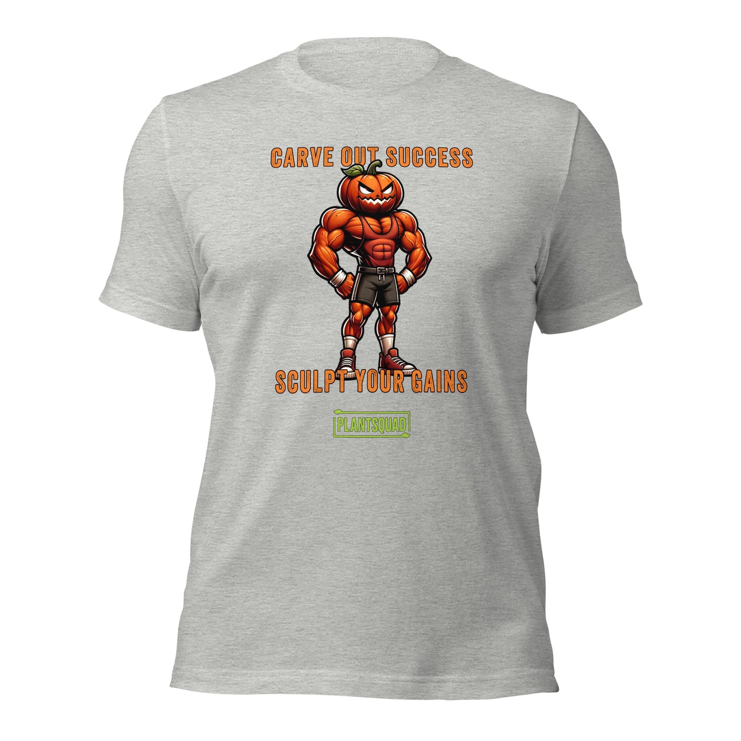 Plantsquad Pumpkin "Carve Out Your Success Sculpt Your Gains" - Unisex T-Shirt featuring a muscular pumpkin-headed character in gym attire. The text above the character says "CARVE OUT SUCCESS," and below reads "SCULPT YOUR GAINS." Perfect for fitness enthusiasts and those embracing a plant-based lifestyle, the bottom text says "PLANTSQUAD" in a green box.