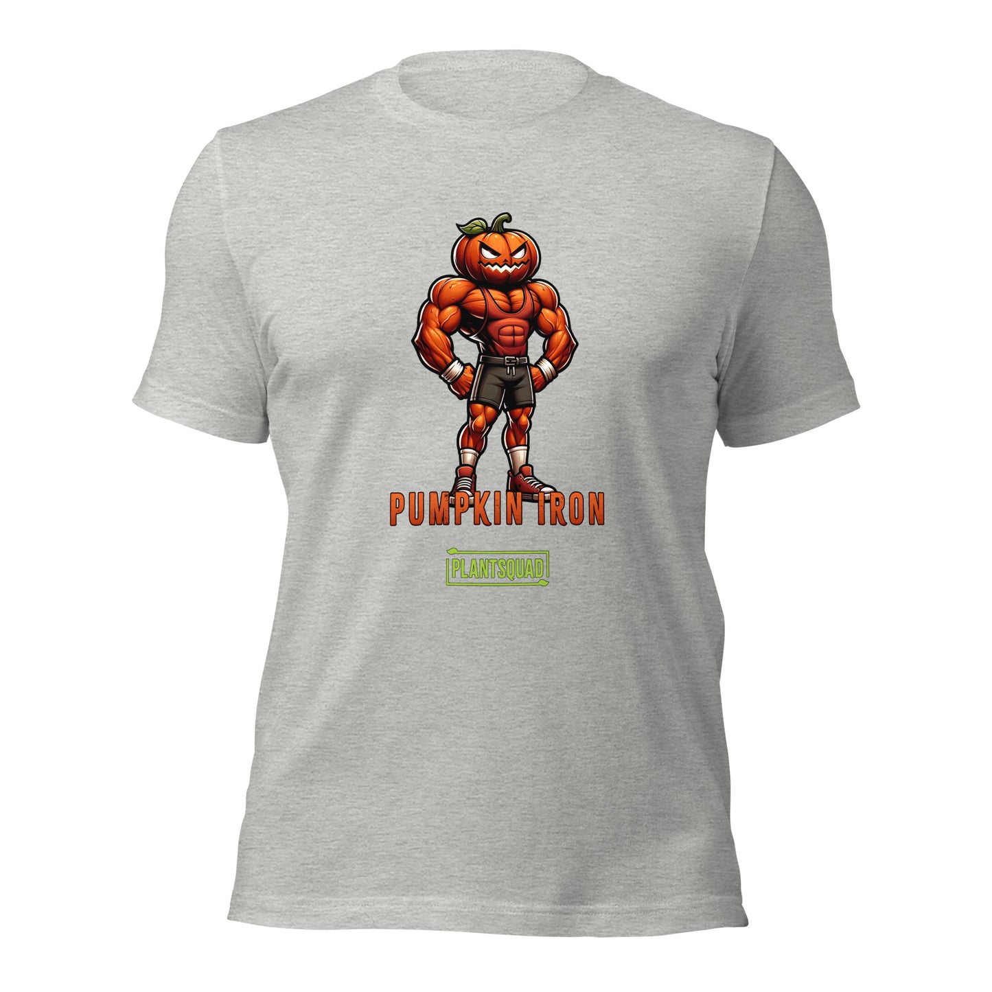 A Plantsquad Pumpkin "Pumpkin Iron" - Unisex T-Shirt featuring a muscular pumpkin-headed character flexing its arms. The character is wearing shorts, trainers, and gloves. The text "PUMPKIN IRON" is displayed in bold orange letters below the character, with "PLANTSQUAD" in green beneath it—perfect for fitness enthusiasts with a vegan lifestyle.