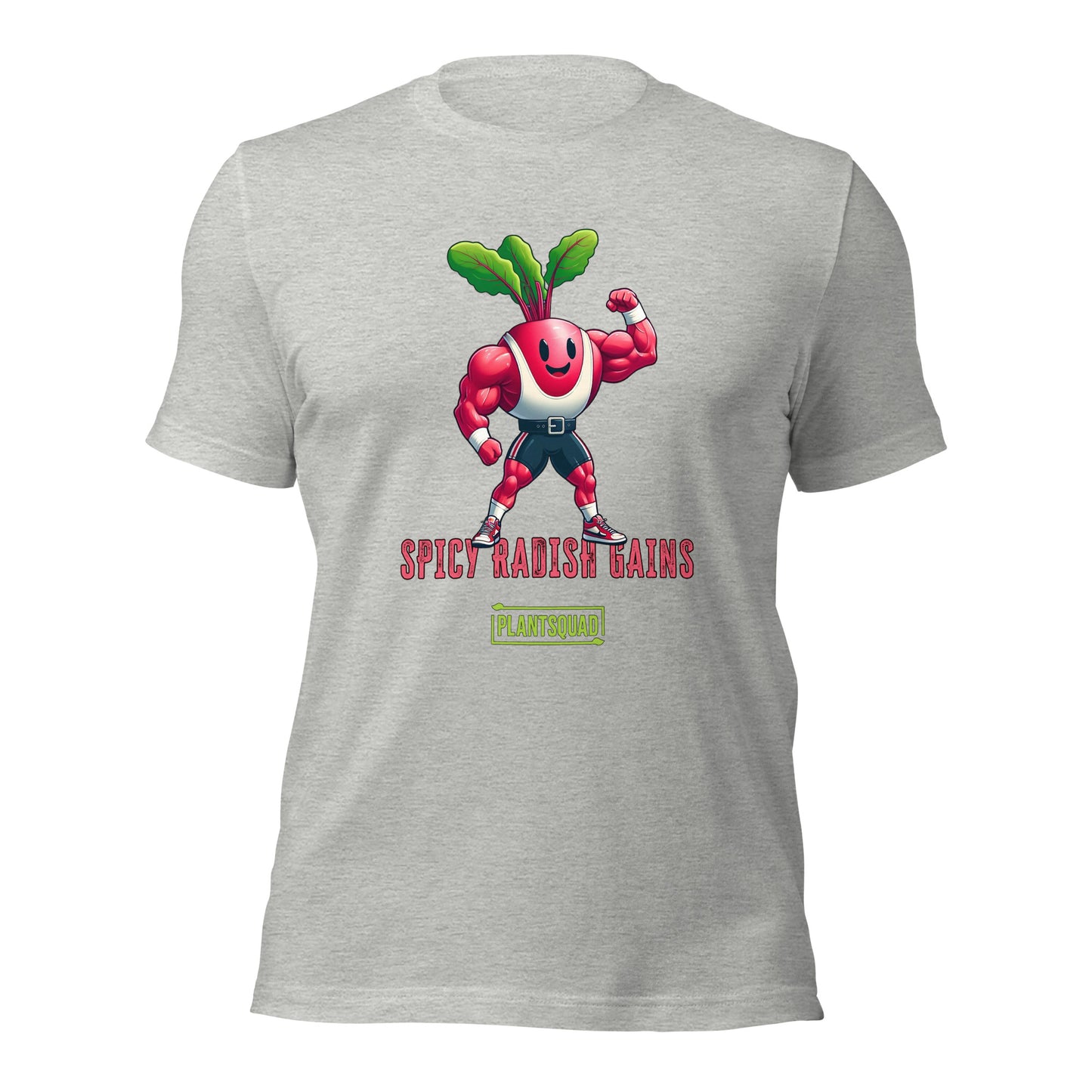 A Plantsquad Radish "Spicy Radish Gains" - Unisex T-Shirt features a muscular radish character with a smiling face and green leaves on its head, flexing its muscles. Below the character, the text reads "SPICY RADISH GAINS." The logo for "PLANTSQUAD" is displayed underneath the text, making it a perfect vegan fitness shirt.