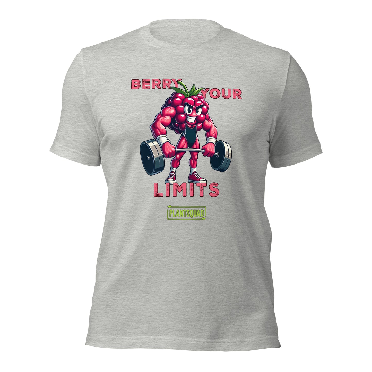 A black t-shirt displays a muscular anthropomorphic berry lifting dumbbells. Above, text reads, "Berry Your Limits," celebrating vegan fitness. At the bottom, the word "PlantSquad" is enclosed in a green box. The berry character is detailed with sneakers and a prominent expression.

Product Name: Plantsquad Raspberry "Berry Your Limits" - Unisex T-Shirt