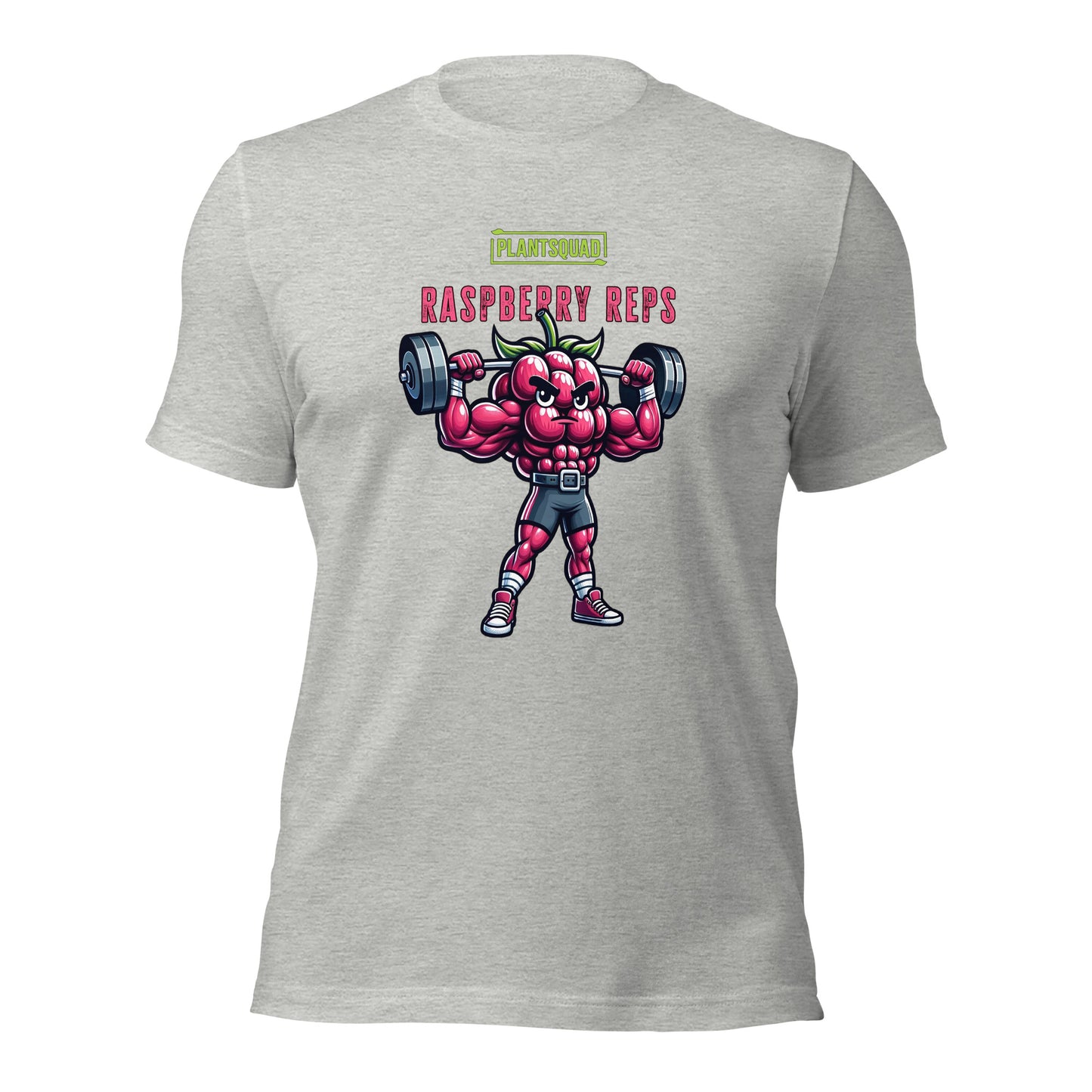 A black Plantsquad Raspberry "Raspberry Reps" - Unisex T-Shirt features a muscular raspberry lifting weights. Above the raspberry, the text reads "PLANTSQUAD" in green and "RASPBERRY REPS" in pink. The flexing raspberry character highlights vegan fitness while holding dumbbells—a perfect addition to your plant-based lifestyle collection.