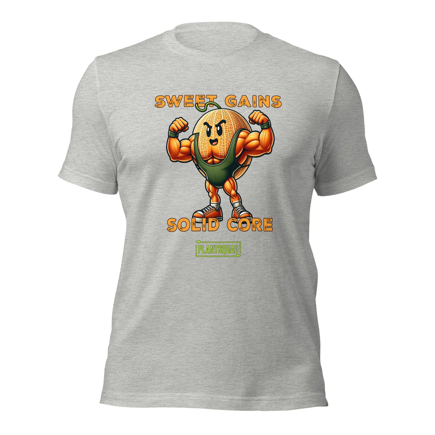 The Plantsquad Rockmelon "Sweet Gains Solid Core" - Unisex T-Shirt features a cartoon image of a muscular cantaloupe flexing its biceps. The text above reads "SWEET GAINS" and below reads "SOLID CORE." Made from breathable fabric, it's perfect for promoting your vegan lifestyle. The word "PLANTSQUAD" is printed at the bottom.