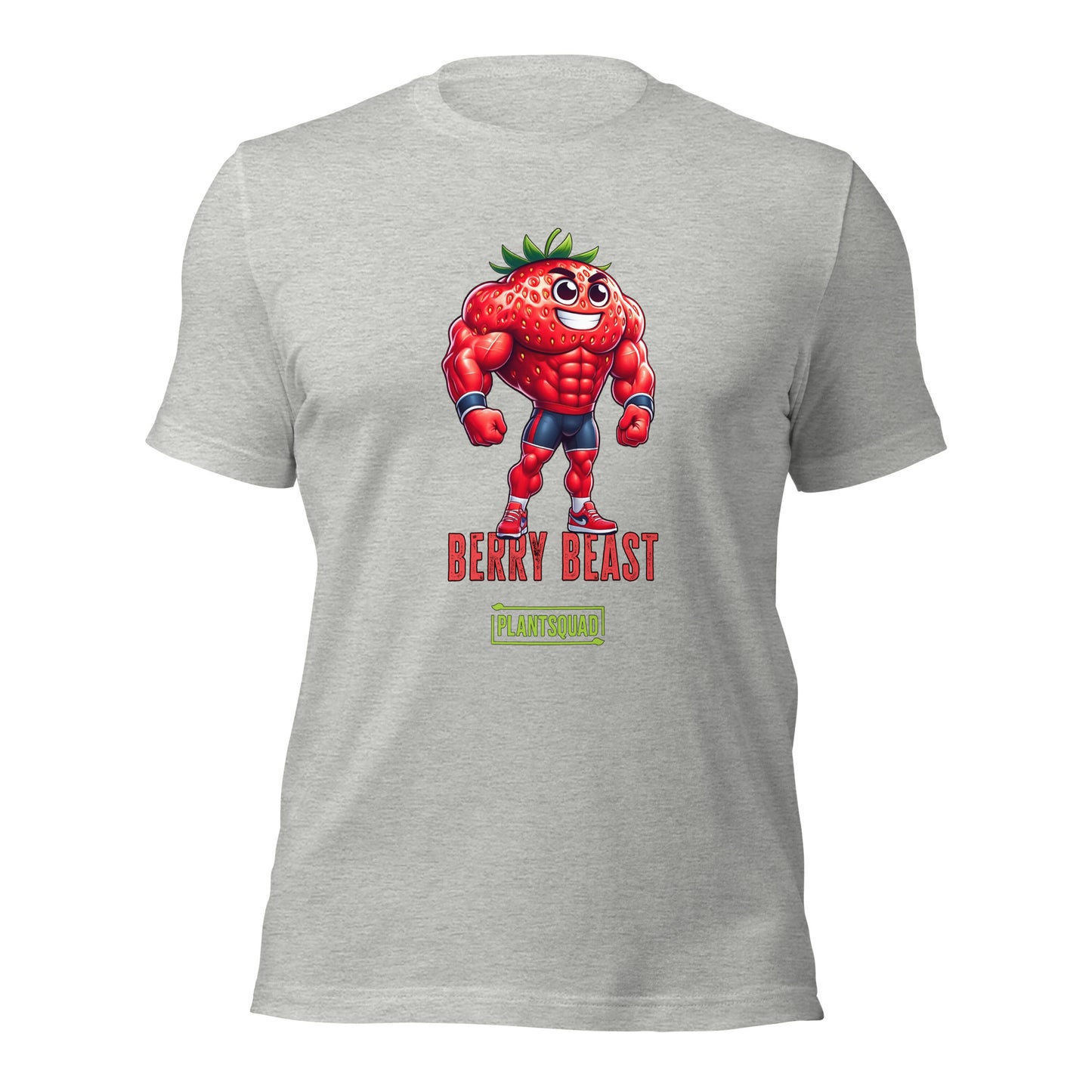 A black T-shirt displays a muscular cartoon strawberry character with arms crossed, wearing sneakers. Perfect for fitness enthusiasts, the design features "BERRY BEAST" in red and "PLANTSQUAD" in green, making it ideal for those embracing a vegan lifestyle. This is the Plantsquad Strawberry "Berry Beast" - Unisex T-Shirt.