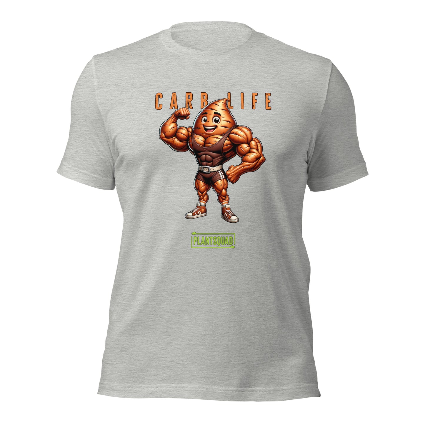 Plantsquad Sweet Potato "Carb Life" - Unisex T-Shirt featuring a muscular, flexing potato character with a smiley face. Above the character, text reads "CARB LIFE" in bold letters. Below the character, the word "PLANTSQUAD" appears in a green banner. Perfect for those embracing a plant based lifestyle and looking for unique fitness clothing.