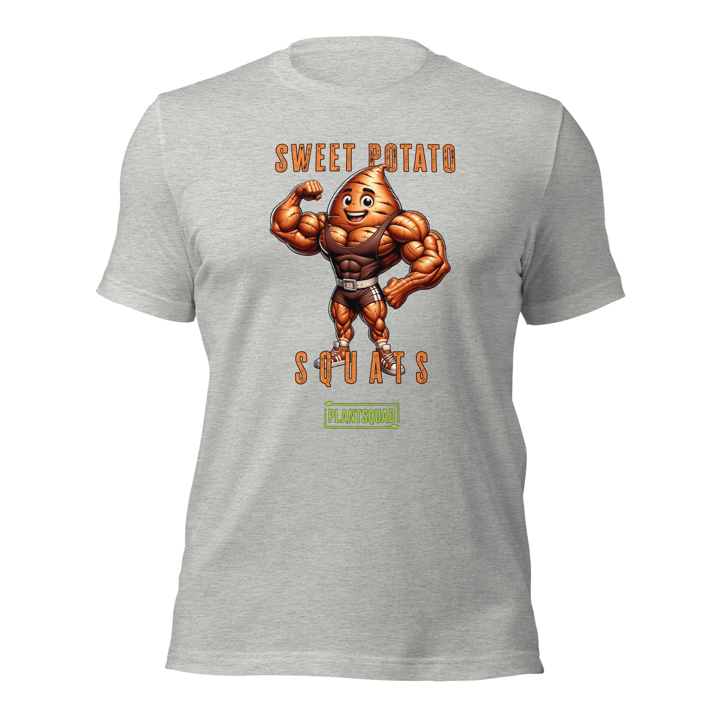 A Plantsquad Sweet Potato "Sweet Potato Squats" - Unisex T-Shirt featuring a muscular cartoon sweet potato character flexing its biceps. The text above the character reads "Sweet Potato" and below it reads "Squats." There is a green logo at the bottom with the text "PLANTSQUAD." Perfect for vegan fitness enthusiasts embracing a plant-based lifestyle.