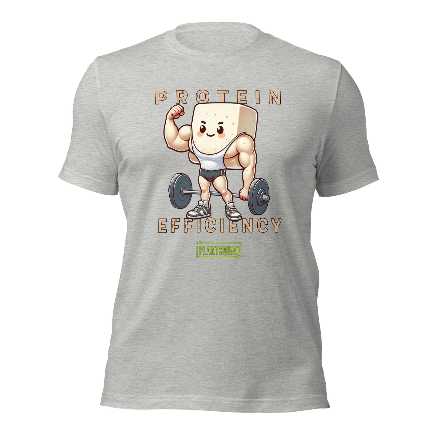 The Plantsquad Tofu "Protein Efficiency" - Unisex T-Shirt features a muscly tofu design with arms, legs, and a headband, lifting a barbell. The text above and below the character reads "PROTEIN EFFICIENCY." The phrase "Plant Squad" is printed below the illustration, perfect for those embracing a vegan fitness journey.