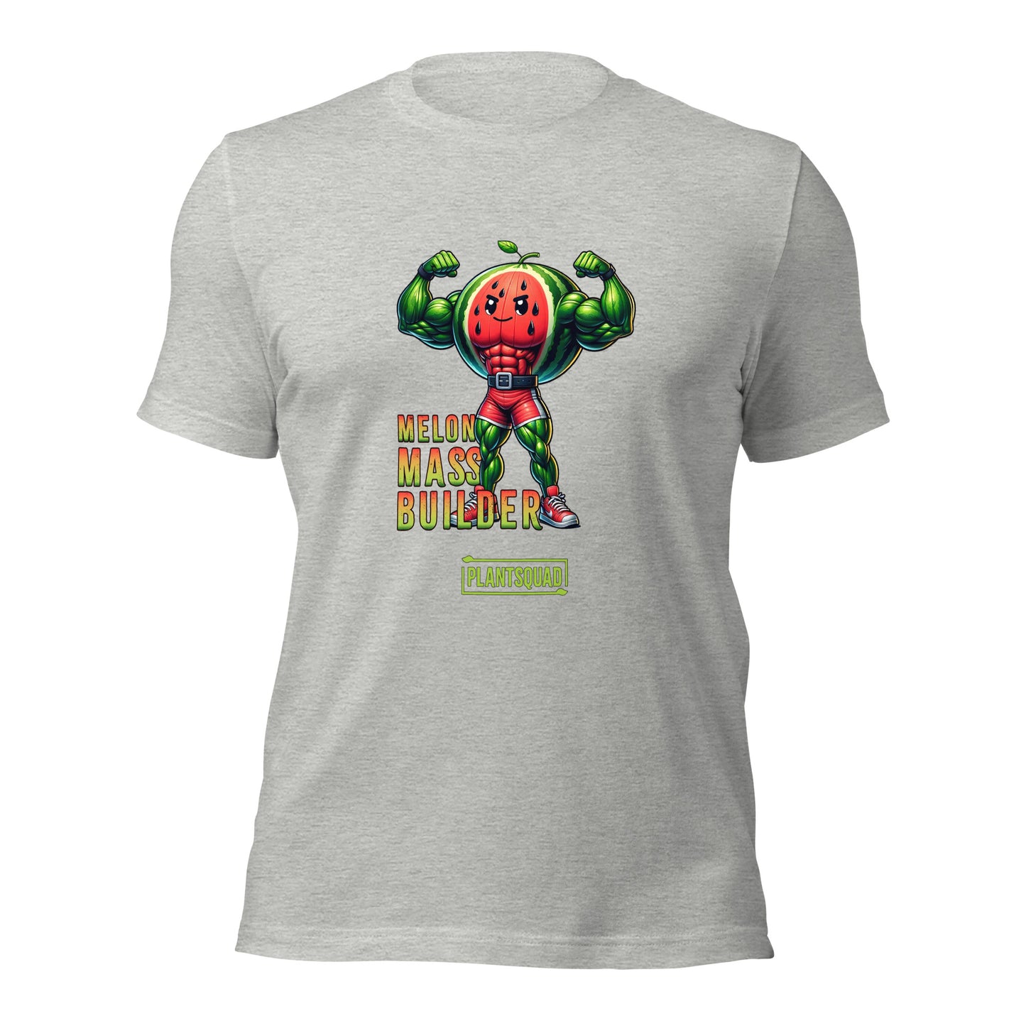 A black gym T-shirt features a muscly watermelon cartoon character flexing its arms. The text reads "Melon Mass Builder" in large colorful letters, with "Plant Squad" written below. Perfect for those embracing a vegan lifestyle, the design is bold and vibrant. The product name is: Plantsquad Watermelon "Melon Mass Builder" - Unisex T-Shirt.