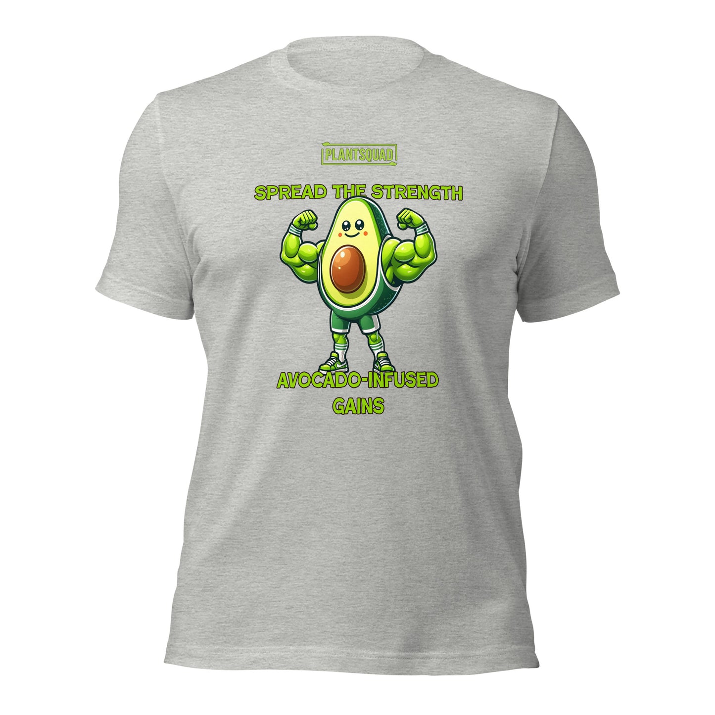 A black Plantsquad Avocado "Spread The Strength Avocado-Infused Gains" - Unisex T-Shirt featuring a muscular, cartoon avocado character with fists raised. Text above and below the character reads "PLANTSQUAD," "SPREAD THE STRENGTH," and "AVOCADO-INFUSED GAINS" in bright green lettering.