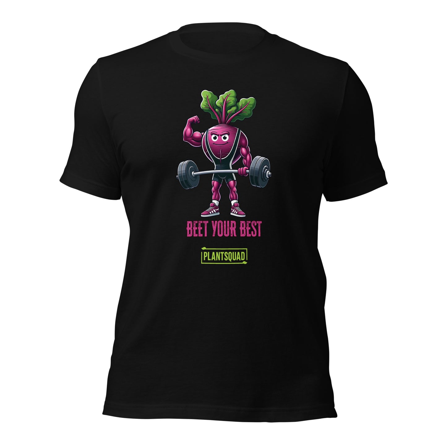 A Plantsquad Beetroot "Beet Your Best" - Unisex T-Shirt featuring a cartoon beetroot lifting weights with a determined expression. Above the beetroot, the text reads, "BEET YOUR BEST," while below it, "PLANTSQUAD" is showcased in a green box.