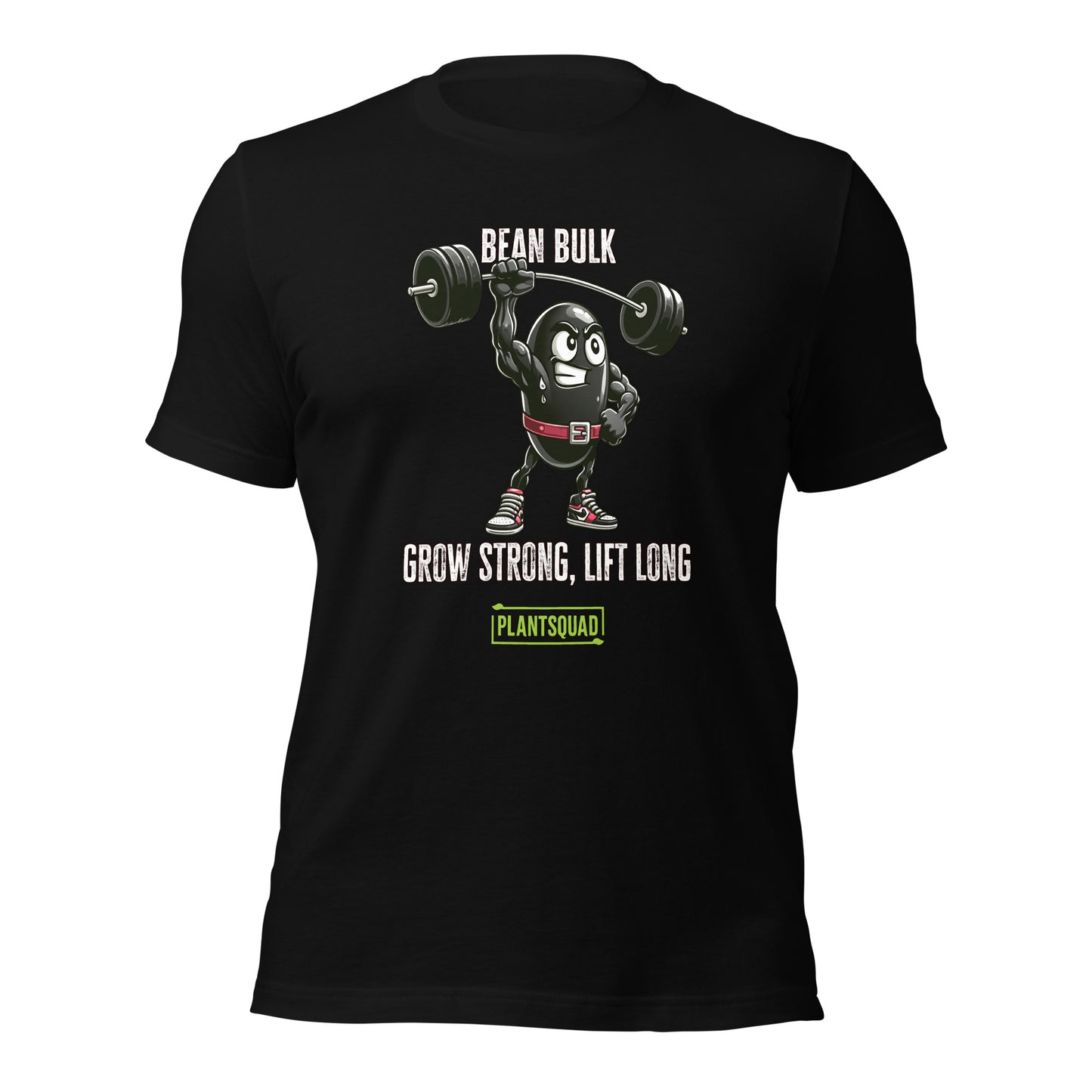 The Plantsquad Black Bean "Bean Bulk Grow Strong Lift Long" - Unisex T-Shirt features a muscular cartoon bean character lifting a barbell. The text above the character reads "Bean Bulk" and below it says "Grow Strong, Lift Long." Proudly show your loyalty to the Plantsquad with the word displayed in a green box at the bottom.
