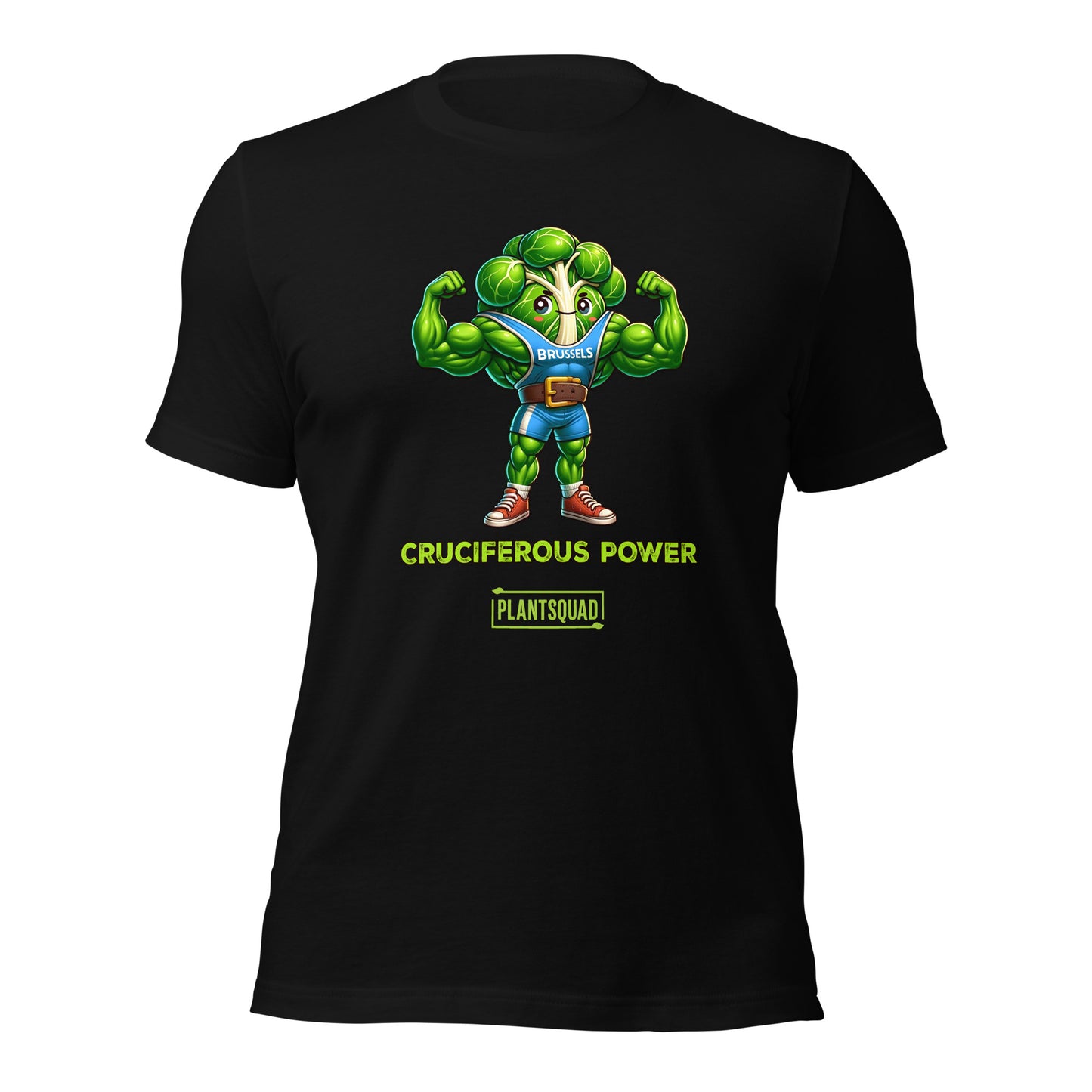 A Plantsquad Brussel Sprout "Cruciferous Power" - Unisex T-Shirt features a muscular cartoon broccoli character in a blue top flexing its biceps. Below the character, bold text reads "CRUCIFEROUS POWER", while underneath in smaller text is the keyword hashtag "plantsquad".