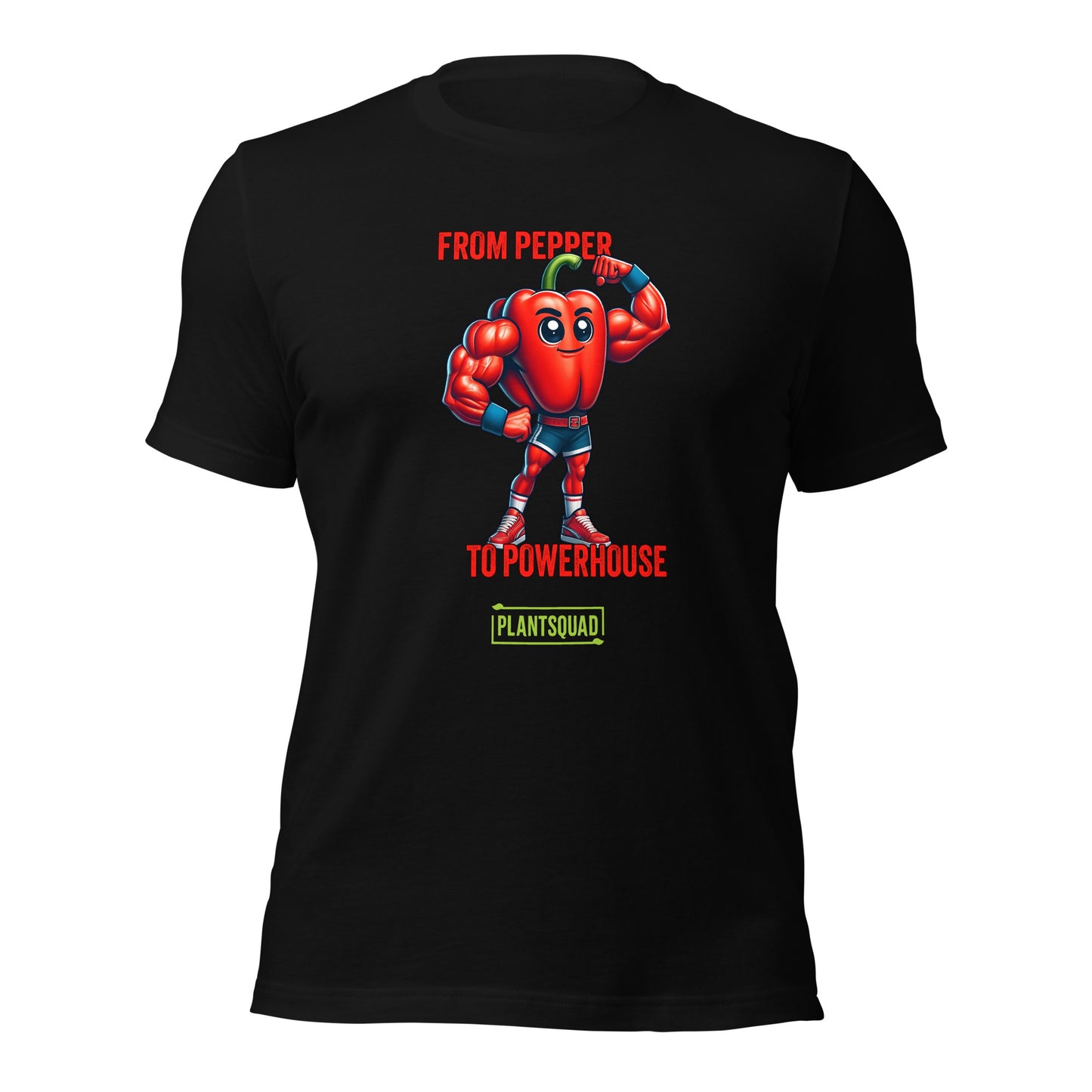 The Plantsquad Capsicum "From Pepper To Powerhouse" - Unisex T-Shirt features a muscular cartoon red bell pepper wearing a superhero outfit with a blue mask and gloves. The text above the character reads "FROM PEPPER TO POWERHOUSE" and below it, #PLANTSQUAD is displayed in a green box.