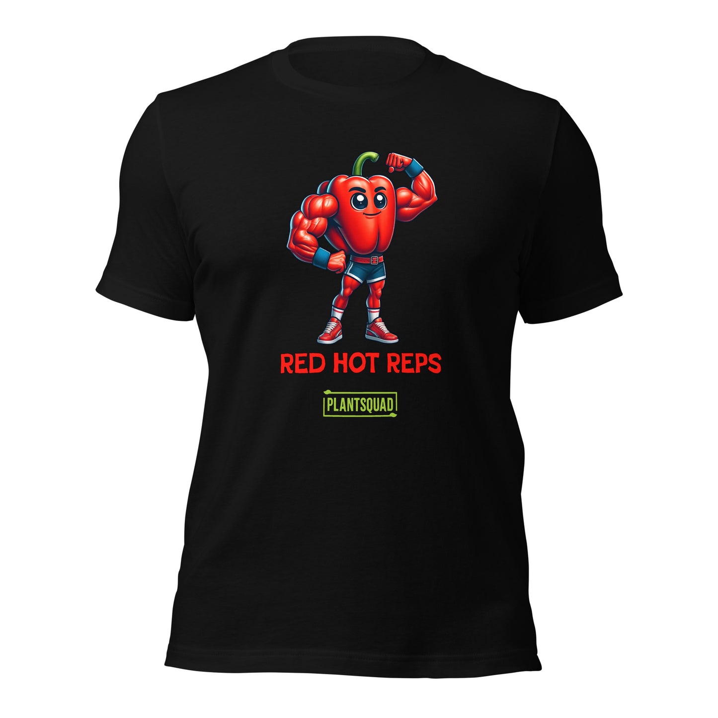 A Plantsquad Capsicum "Red Hot Reps" - Unisex T-Shirt featuring an illustration of a muscular red pepper character flexing its arms. Below the character are the words "RED HOT REPS" in bold red letters, and "PLANTSQUAD" in vibrant green text with a yellow border, showcasing your love for fitness and plant power.