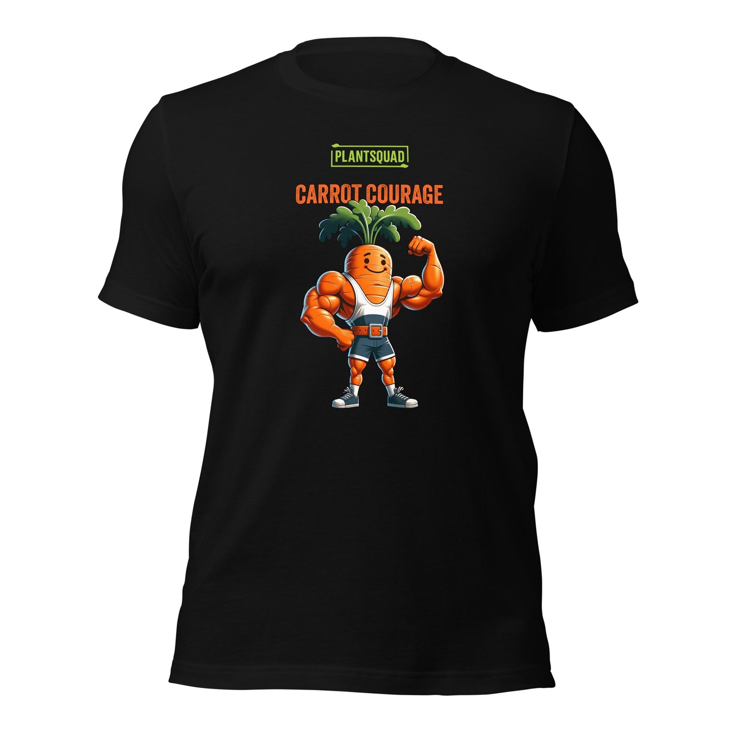 Plantsquad Carrot "Carrot Courage" - Unisex T-Shirt featuring a muscular carrot character flexing its muscles, with "PLANTSQUAD" boldly above and "CARROT COURAGE" below. The carrot sports a smiling face and green leafy hair, proudly representing the plantsquad.