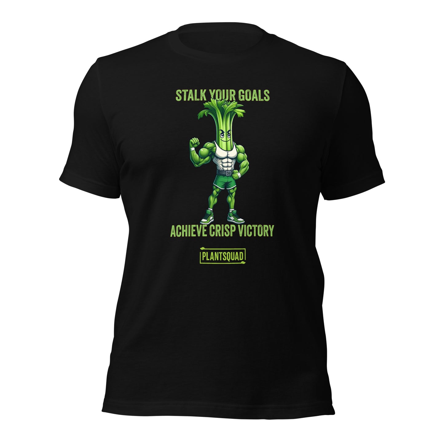 A Plantsquad Celery "Stalk Your Goals Achieve Crisp Victory" - Unisex T-Shirt featuring an illustration of a muscular celery stalk character flexing its arm. The shirt proudly displays "STALK YOUR GOALS" at the top and "ACHIEVE CRISP VICTORY" below the character, with "PLANTSQUAD" showcased in a box at the bottom. Perfect for any plantsquad enthusiast!