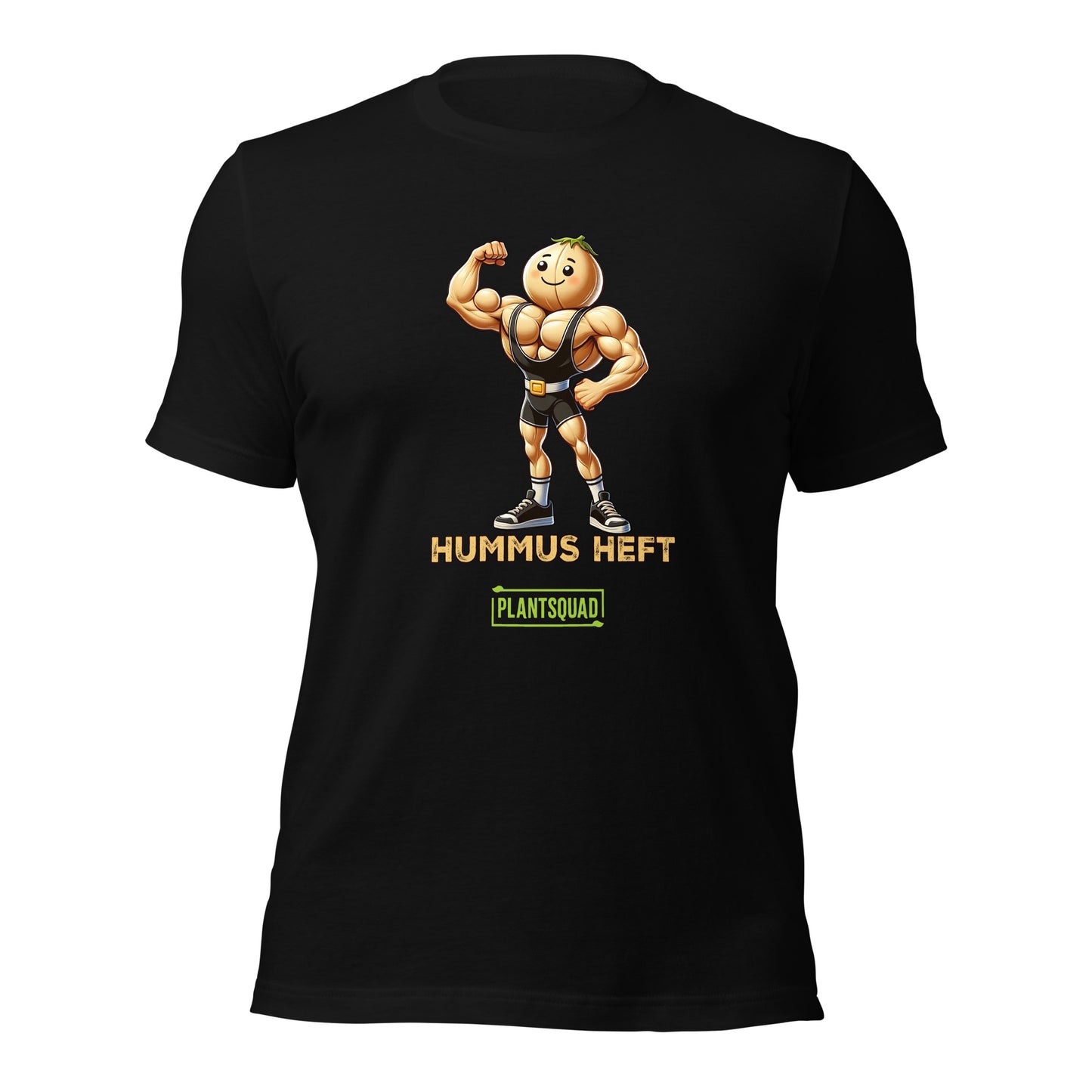 A Plantsquad Chickpea "Hummus Heft" - Unisex T-Shirt featuring a muscular chickpea character flexing its arms. Below the character, the text proudly reads, "HUMMUS HEFT" and "#PLANTSQUAD." The character and text are printed in vibrant yellow and white, adding striking contrast to the black shirt.