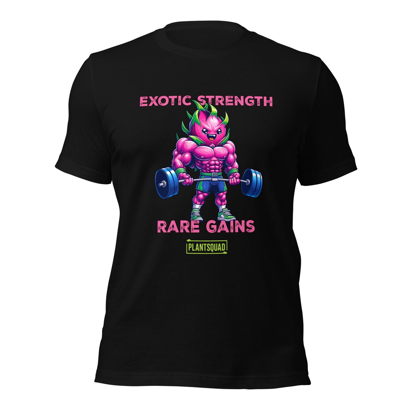 A Plantsquad Dragonfruit "Exotic Strength Rare Gains" - Unisex T-Shirt featuring a muscular anthropomorphic plant figure lifting a barbell. The character boasts bright purple skin and green leaves. Above the figure, text reads "EXOTIC STRENGTH," and below, "RARE GAINS." A small logo at the bottom proudly displays "PLANTSQUAD.