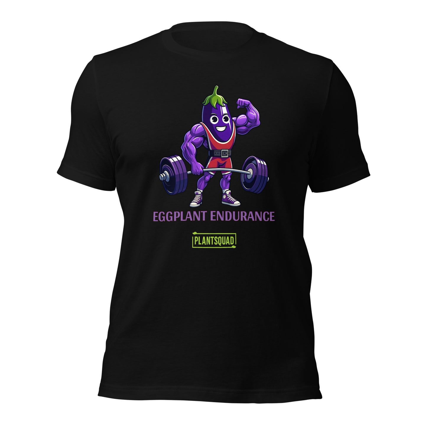 A Plantsquad Eggplant "Eggplant Endurance" - Unisex T-Shirt featuring a muscular animated eggplant character wearing a red and white athletic outfit, lifting a barbell. The text reads "Eggplant Endurance" above "Plantsquad" in green.