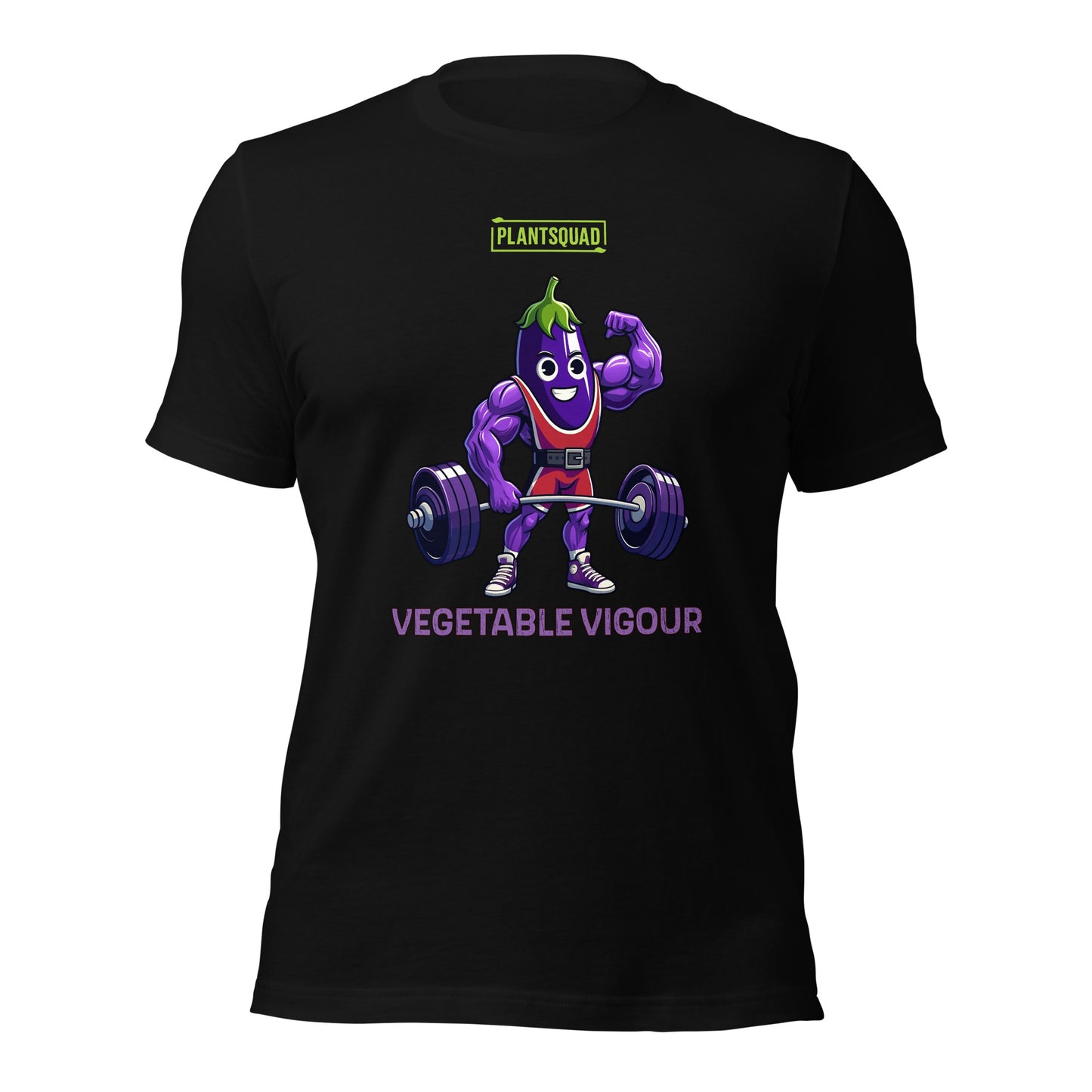 A Plantsquad Eggplant "Vegetable Vigour" - Unisex T-Shirt featuring a cartoon eggplant character lifting a heavy barbell. The muscular, smiling eggplant sports red shorts and green hair. Above the character, it proudly reads "PLANTSQUAD," with "VEGETABLE VIGOUR" in bold purple letters below.