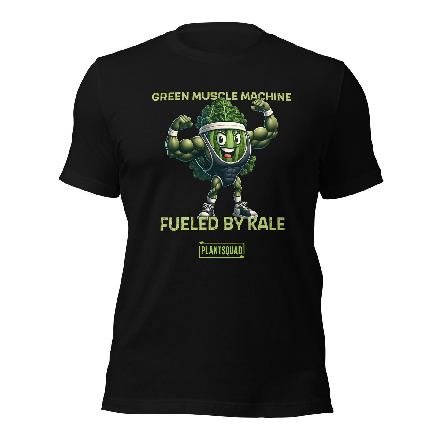 Plantsquad Kale "Green Muscle Machine Fueled By Kale" - Unisex T-Shirt featuring a cartoon kale character with muscular arms, flexing and smiling. The shirt displays the text "GREEN MUSCLE MACHINE" above the character and "FUELED BY KALE" below. Proudly wear your "PLANTSQUAD" mantra at the bottom of this unique design.
