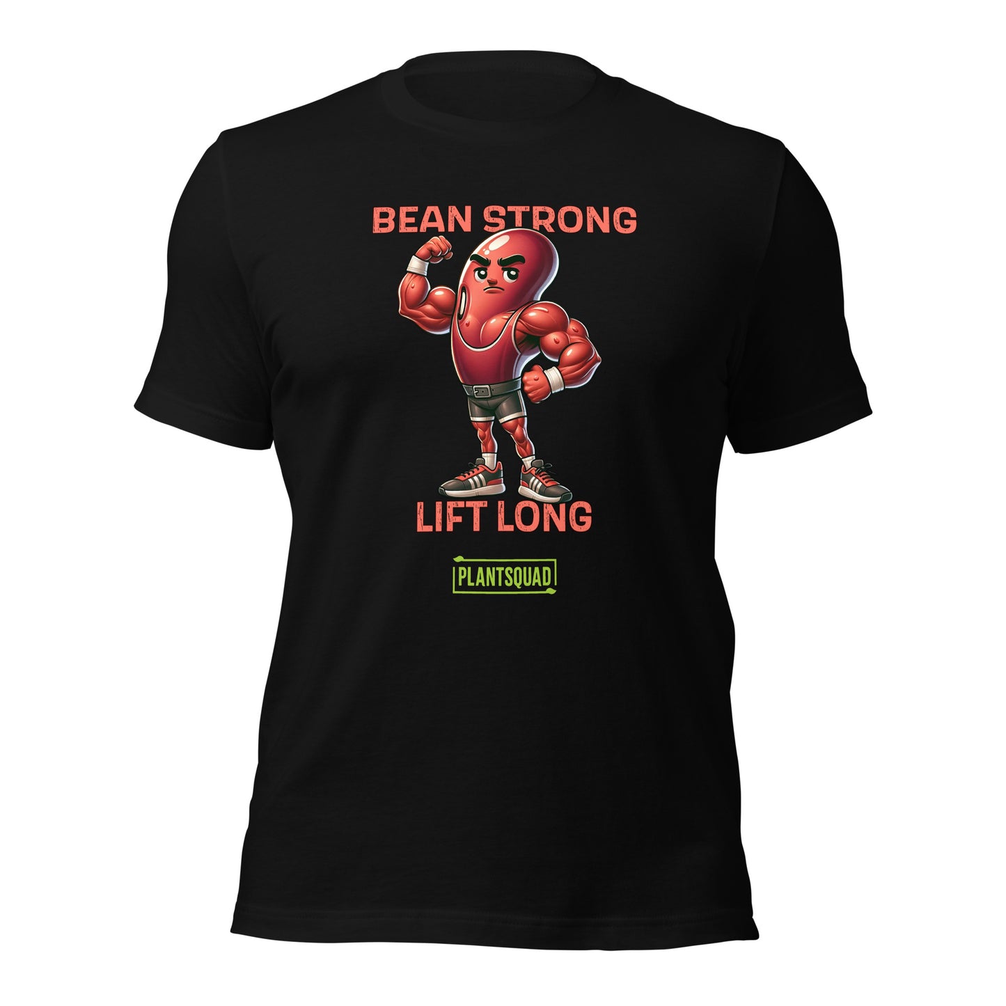 A black t-shirt featuring a muscular cartoon bean character flexing its arm. Above the character are the words "BEAN STRONG" and below it, "LIFT LONG." The bottom of this Plantsquad Kidney Bean "Bean Strong Lift Long" - Unisex T-Shirt proudly displays the "PLANTSQUAD" logo.