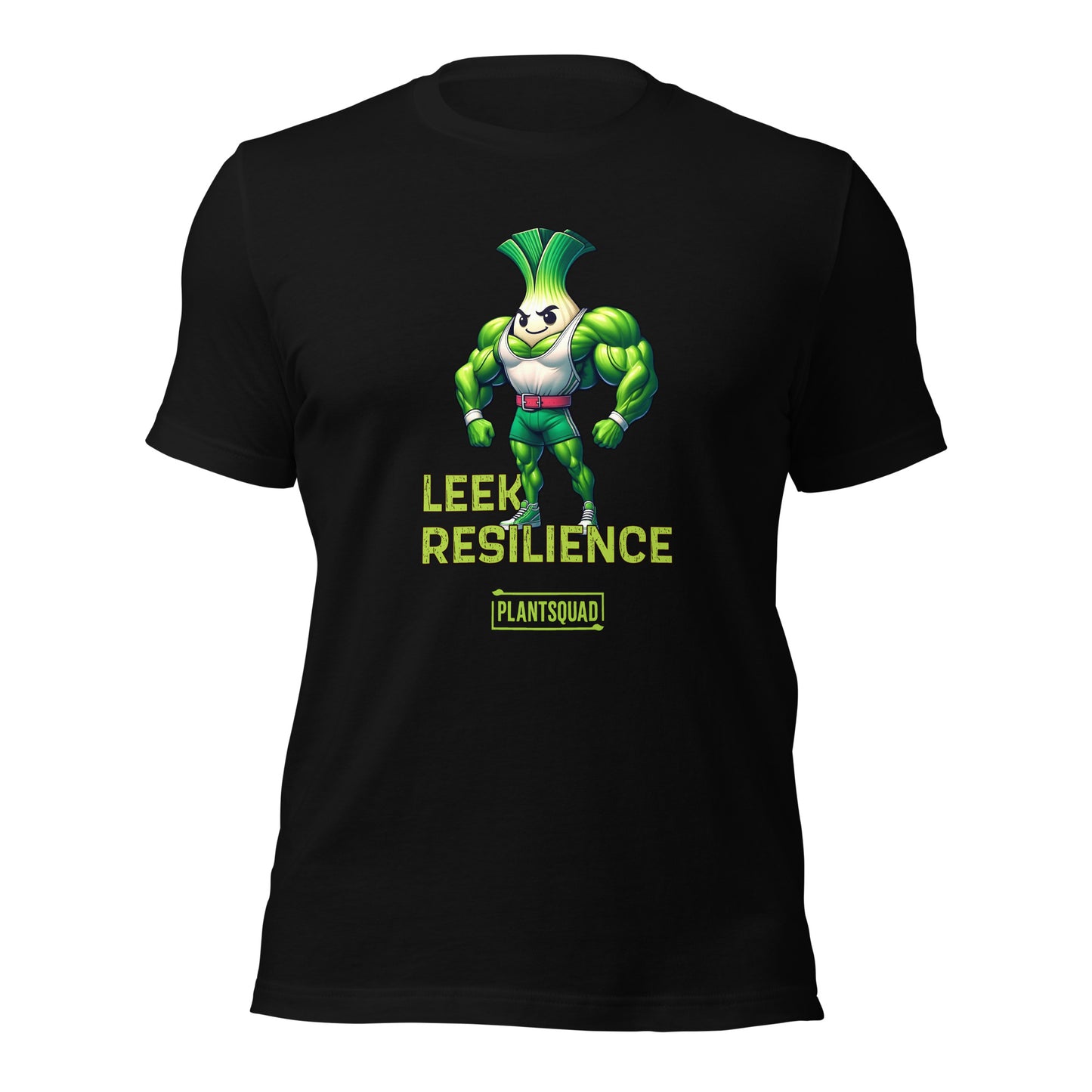 A black T-shirt features a muscular cartoon leek with a determined expression, perfect for embracing a plant-based lifestyle. The leek has a white bulb and green foliage, wearing red shorts. Text reads "Leek Resilience" above and "Plant Squad" below, making it the ultimate fitness t-shirt. Introducing the Plantsquad Leek "Leek Resilience" - Unisex T-Shirt!