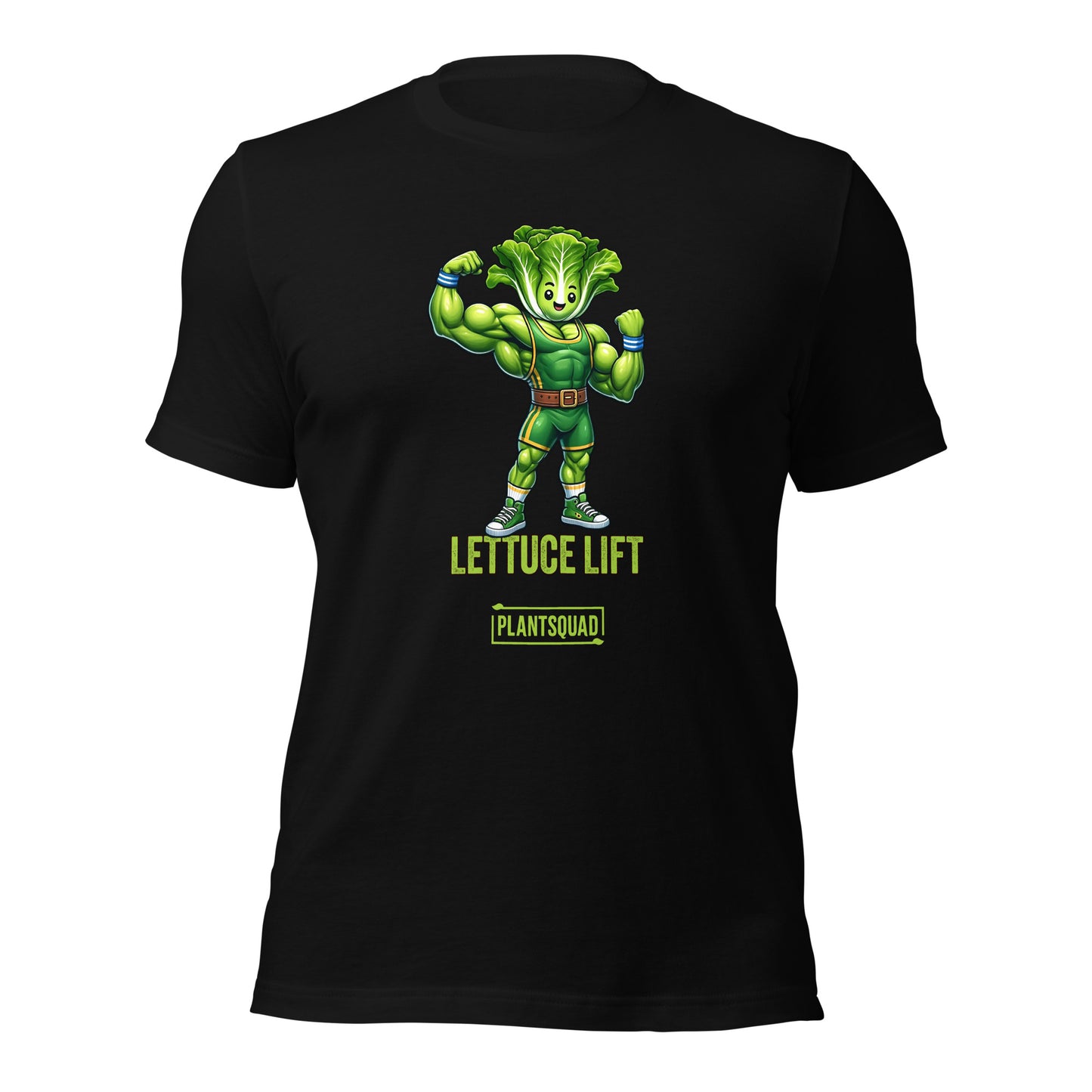 A Plantsquad Lettuce "Lettuce Lift" - Unisex T-Shirt featuring a muscular anthropomorphic lettuce flexing its arms. Below the image, the text reads "LETTUCE LIFT" in bold green letters, with "PLANTSQUAD" in a smaller font—perfect for fitness enthusiasts embracing a plant-based lifestyle.