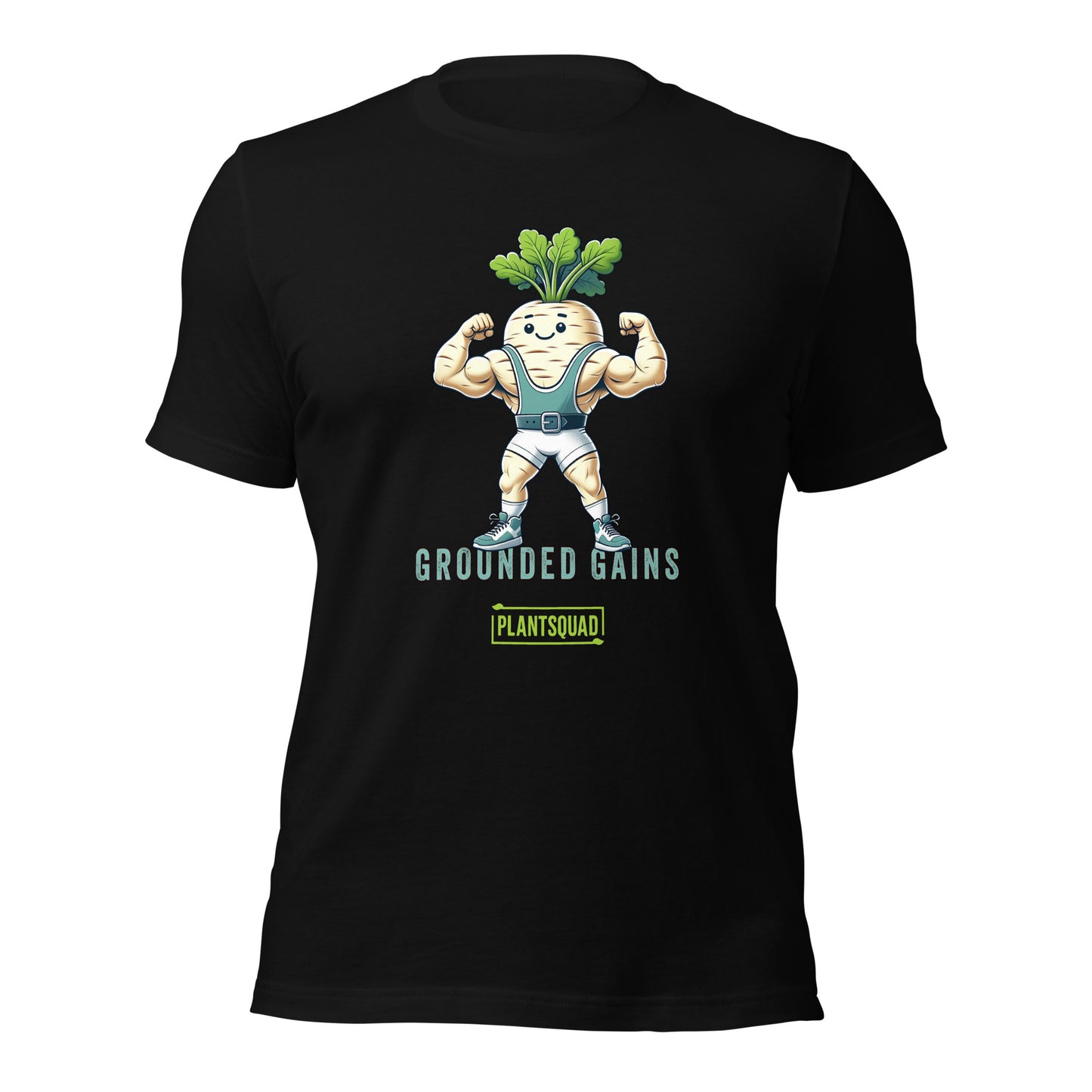 A black vegan T-shirt featuring an illustration of a muscular radish character flexing its arms. Above the character are the words "Grounded Gains," and below is a green box with "Plantsquad" written inside. The design promotes plant-based strength and fitness apparel for a plant-based lifestyle. 

Product Name: Plantsquad Parsnip "Grounded Gains" - Unisex T-Shirt