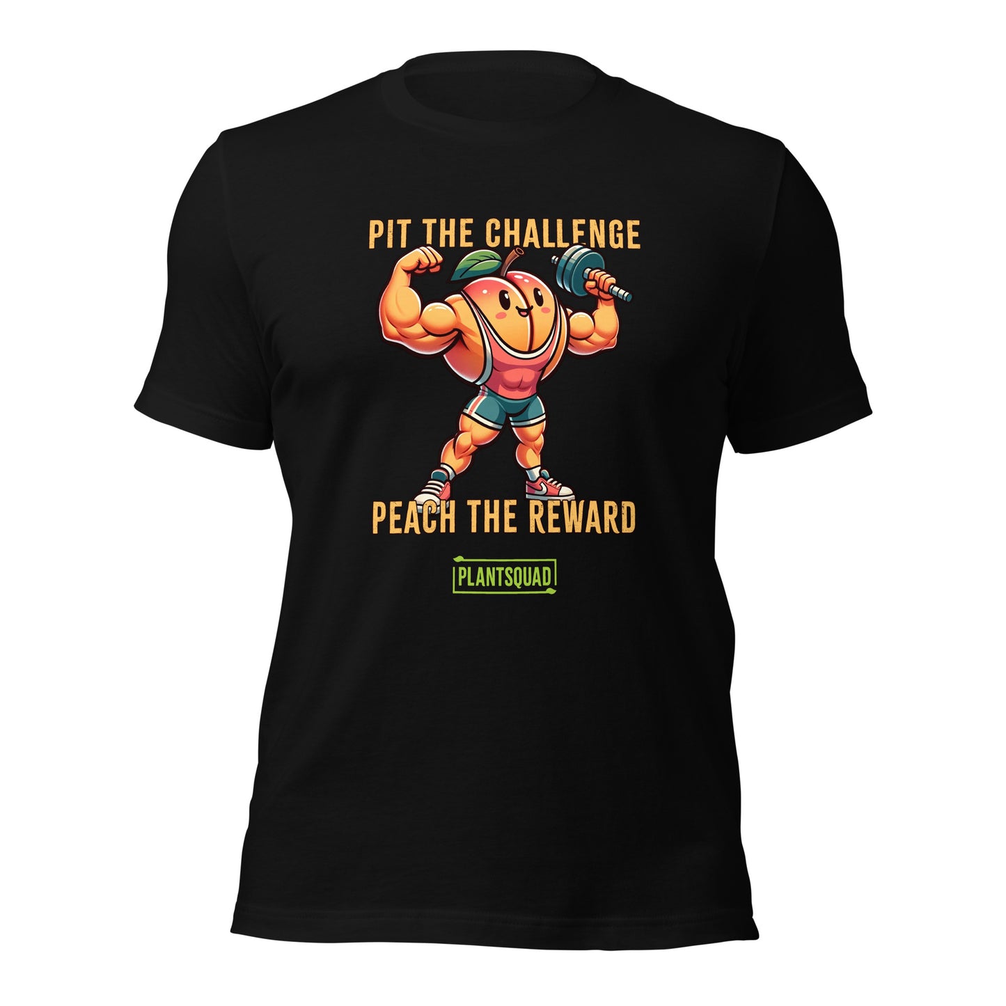 A Plantsquad Peach "Pit The Challenge Peach The Rewards" - Unisex T-Shirt with a graphic of a muscular peach character lifting a barbell. The text above and below the character reads, "Pit the challenge, Peach the reward." Made from high-quality breathable fabric, it features a green logo saying "Plantsquad" at the bottom—perfect for fitness enthusiasts embracing a vegan lifestyle.