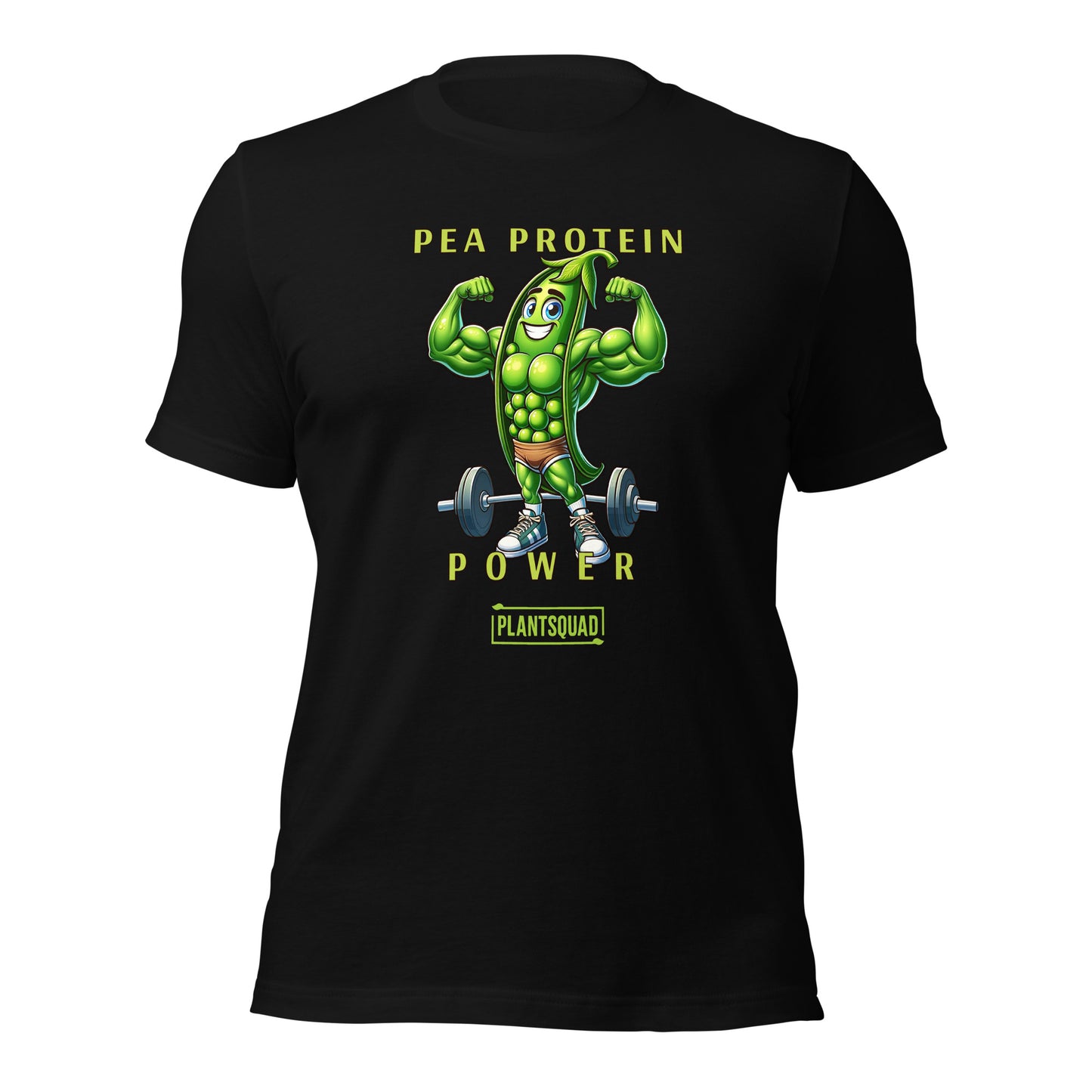 A Plantsquad Peas "Pea Protein Power" - Unisex T-Shirt featuring a cartoon image of a muscular pea pod lifting a barbell. The text above the image reads "PEA PROTEIN" and "POWER," and below it, "PLANTSQUAD." This tee captures the essence of vegan fitness and celebrates strength through a plant-based lifestyle.