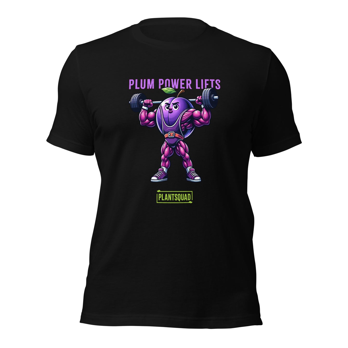 Plantsquad Plum "Plum Power Lifts" - Unisex T-Shirt featuring a cartoon plum with muscular arms and legs lifting a barbell. The text above the image reads "Plum Power Lifts" and below it, there's a logo with "PLANTSQUAD." Perfect for fitness enthusiasts embracing a vegan lifestyle, the plum character is depicted in a vibrant, exaggerated style.