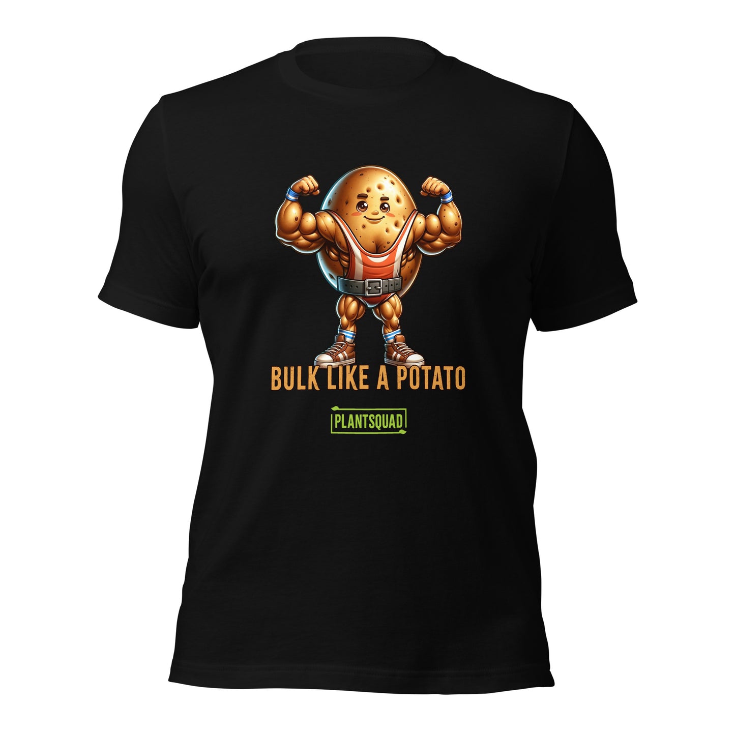 A black Plantsquad Potato "Bulk Like A Potato" - Unisex T-Shirt featuring a cartoon image of a muscular potato flexing its arms with a determined expression. Below the weight-lifting potato, the text reads "BULK LIKE A POTATO" in bold letters. The word "PLANTSQUAD" is also displayed towards the bottom in a green box, promoting a vegan lifestyle.