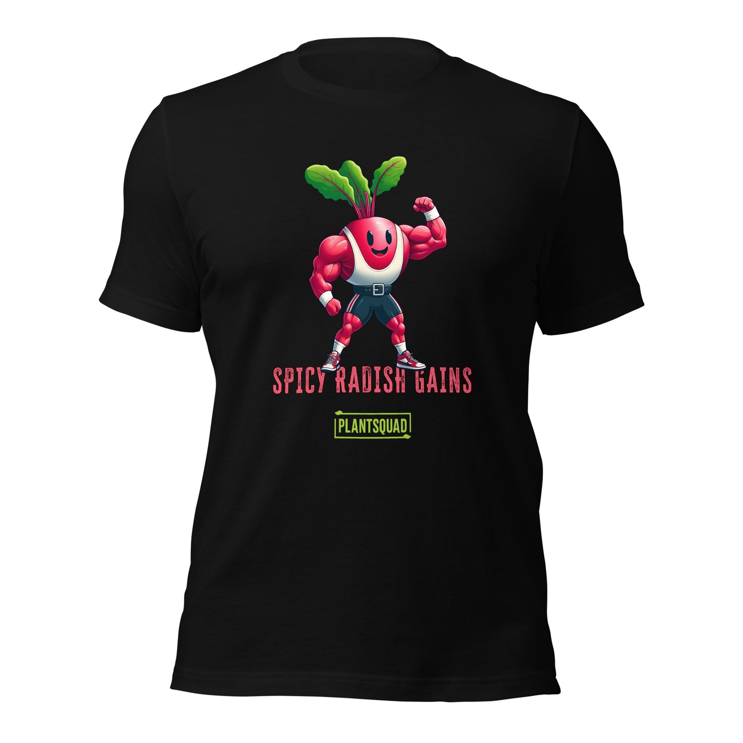 A Plantsquad Radish "Spicy Radish Gains" - Unisex T-Shirt features a muscular radish character with a smiling face and green leaves on its head, flexing its muscles. Below the character, the text reads "SPICY RADISH GAINS." The logo for "PLANTSQUAD" is displayed underneath the text, making it a perfect vegan fitness shirt.