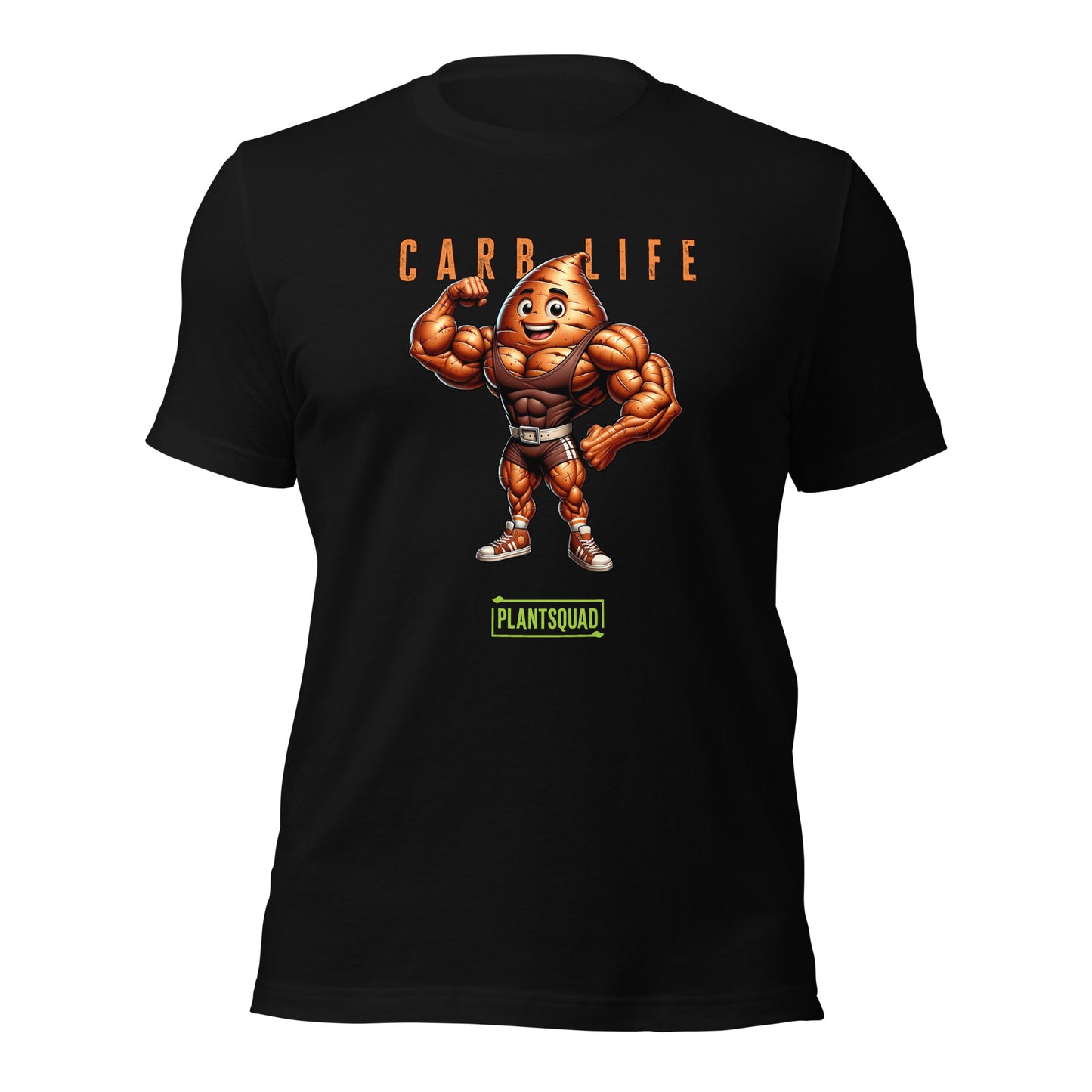 Plantsquad Sweet Potato "Carb Life" - Unisex T-Shirt featuring a muscular, flexing potato character with a smiley face. Above the character, text reads "CARB LIFE" in bold letters. Below the character, the word "PLANTSQUAD" appears in a green banner. Perfect for those embracing a plant based lifestyle and looking for unique fitness clothing.