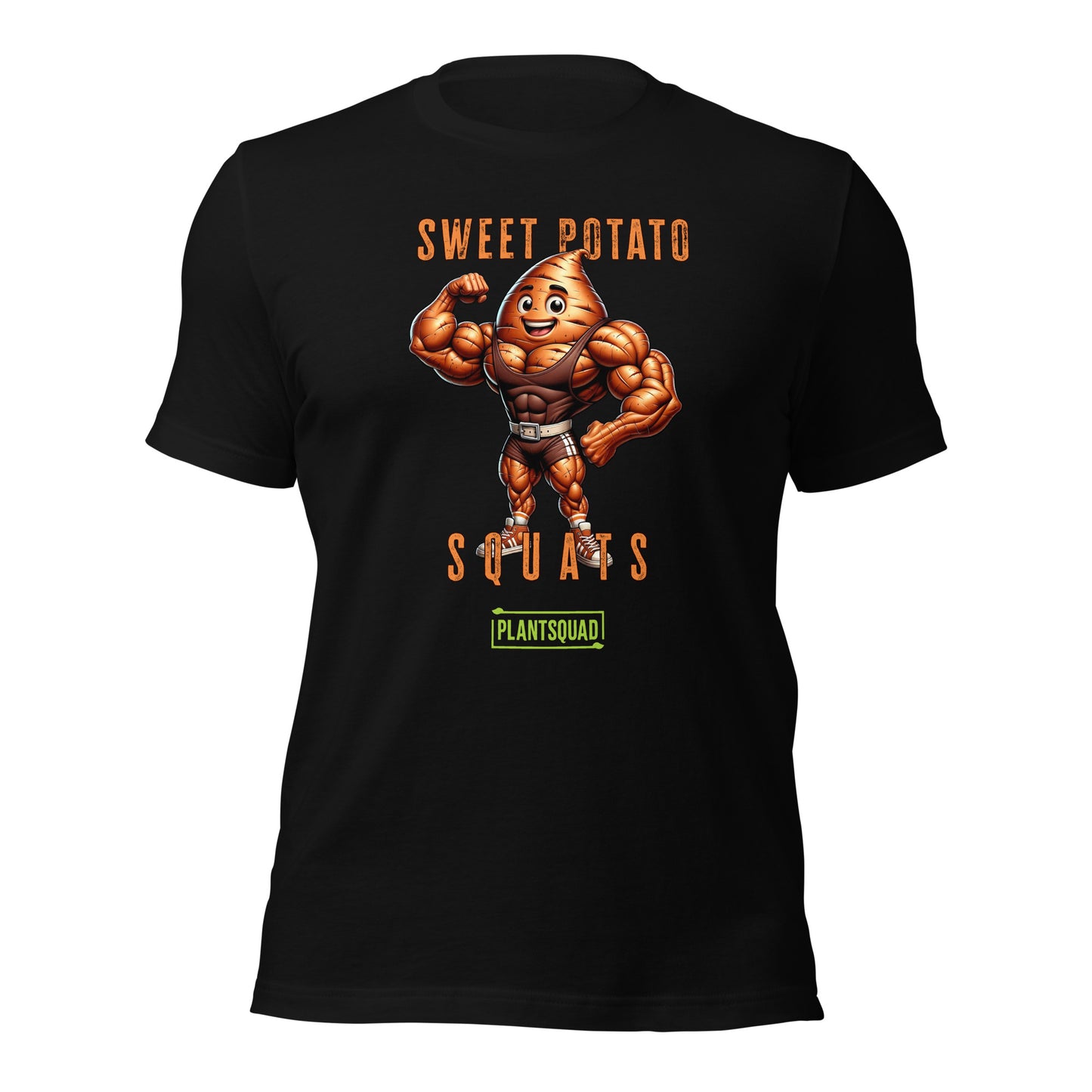 A Plantsquad Sweet Potato "Sweet Potato Squats" - Unisex T-Shirt featuring a muscular cartoon sweet potato character flexing its biceps. The text above the character reads "Sweet Potato" and below it reads "Squats." There is a green logo at the bottom with the text "PLANTSQUAD." Perfect for vegan fitness enthusiasts embracing a plant-based lifestyle.