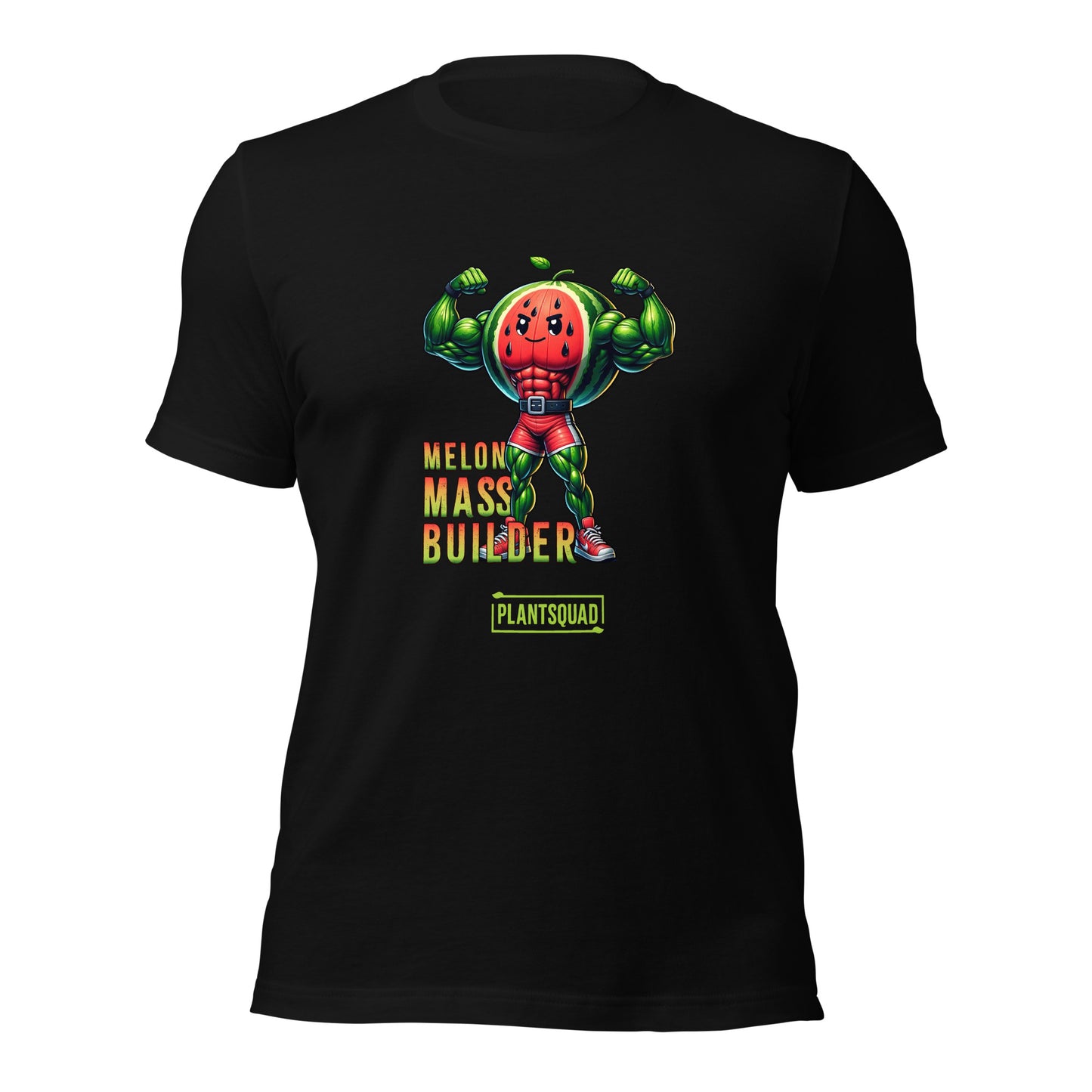 A black gym T-shirt features a muscly watermelon cartoon character flexing its arms. The text reads "Melon Mass Builder" in large colorful letters, with "Plant Squad" written below. Perfect for those embracing a vegan lifestyle, the design is bold and vibrant. The product name is: Plantsquad Watermelon "Melon Mass Builder" - Unisex T-Shirt.