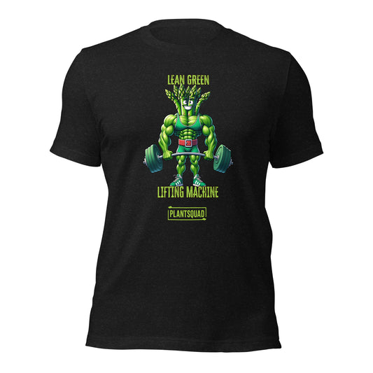 A black T-shirt featuring a muscular green creature holding barbells, under the text "LEAN GREEN LIFTING MACHINE." Below the graphic, a text box proudly reads "Plantsquad Asparagus 'Lean Green Lifting Machine' - Unisex T-Shirt" to represent your team.