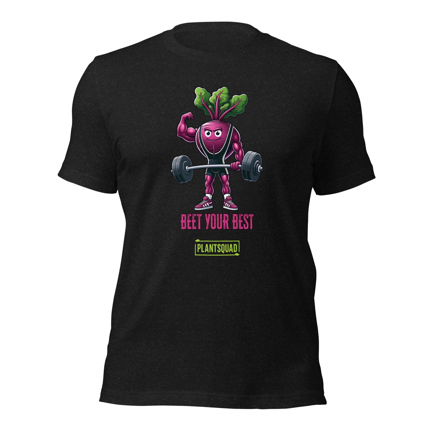 A Plantsquad Beetroot "Beet Your Best" - Unisex T-Shirt featuring a cartoon beetroot lifting weights with a determined expression. Above the beetroot, the text reads, "BEET YOUR BEST," while below it, "PLANTSQUAD" is showcased in a green box.