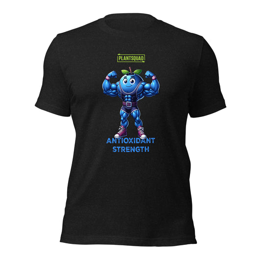 A Plantsquad Blueberry "Antioxidant Strength" - Unisex T-Shirt featuring a muscular cartoon blueberry character flexing its arms. Above the character, "PLANTSQUAD" is boldly written, and below, "ANTIOXIDANT STRENGTH" shines in blue.