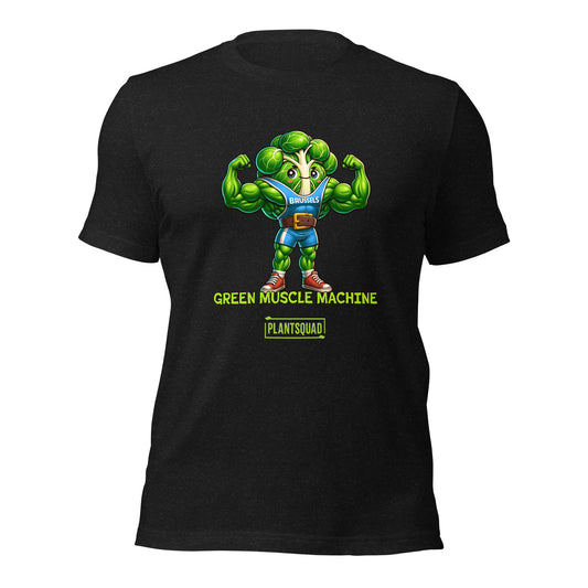 The Plantsquad Brussel Sprout "Green Muscle Machine" - Unisex T-Shirt showcases a muscular, anthropomorphic green broccoli character in a blue tank top flexing its arms. Below the character, the words "GREEN MUSCLE MACHINE" and "#PLANTSQUAD" are emblazoned in vibrant green text.