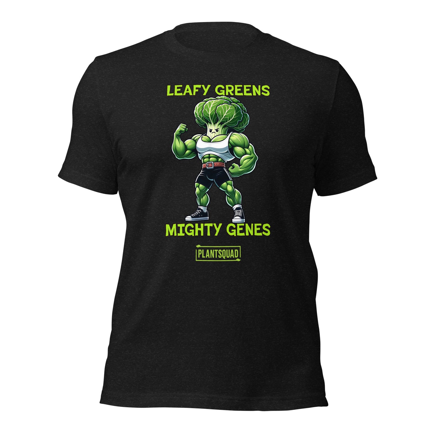 Product Name: Plantsquad Cabbage "Leafy Greens Mighty Genes" - Unisex T-Shirt

A Plantsquad Cabbage "Leafy Greens Mighty Genes" - Unisex T-Shirt featuring a muscular cartoon broccoli character flexing its arms. The text above the character reads "LEAFY GREENS" and below it, "MIGHTY GENES." A small rectangle at the bottom proudly boasts "#plantsquad.