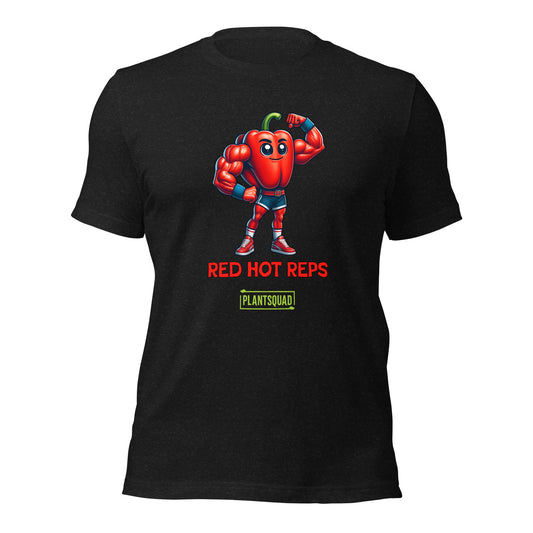 A Plantsquad Capsicum "Red Hot Reps" - Unisex T-Shirt featuring an illustration of a muscular red pepper character flexing its arms. Below the character are the words "RED HOT REPS" in bold red letters, and "PLANTSQUAD" in vibrant green text with a yellow border, showcasing your love for fitness and plant power.