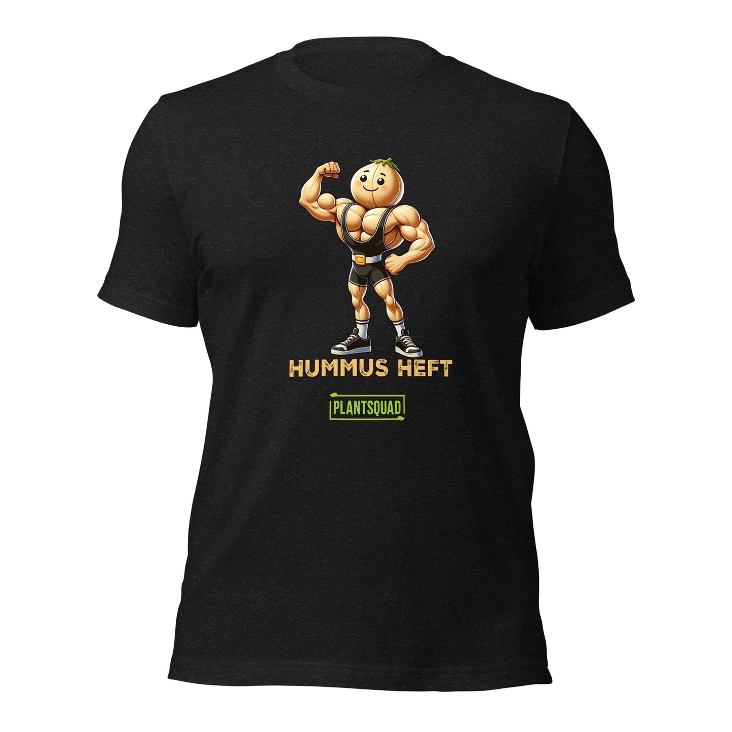 A Plantsquad Chickpea "Hummus Heft" - Unisex T-Shirt featuring a muscular chickpea character flexing its arms. Below the character, the text proudly reads, "HUMMUS HEFT" and "#PLANTSQUAD." The character and text are printed in vibrant yellow and white, adding striking contrast to the black shirt.