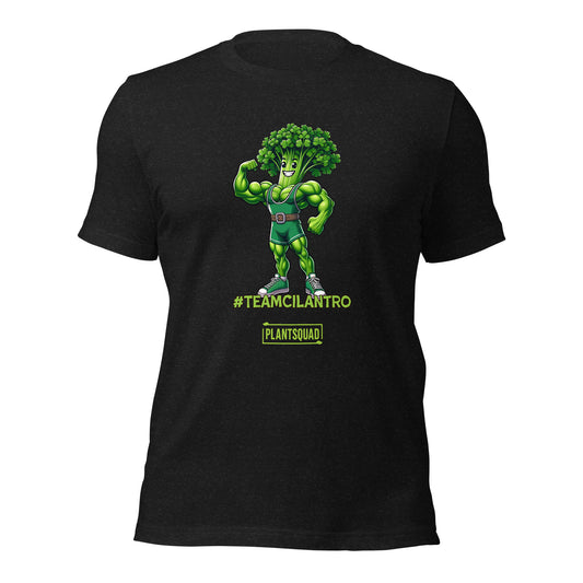 A Plantsquad Cilantro "Team Cilantro" - Unisex T-Shirt showcasing a cartoon character with a broccoli head and muscular green body. The character, dressed in a green singlet and flexing one arm, proudly displays the text "#TEAMCILANTRO" below, alongside the iconic "plant squad" logo.